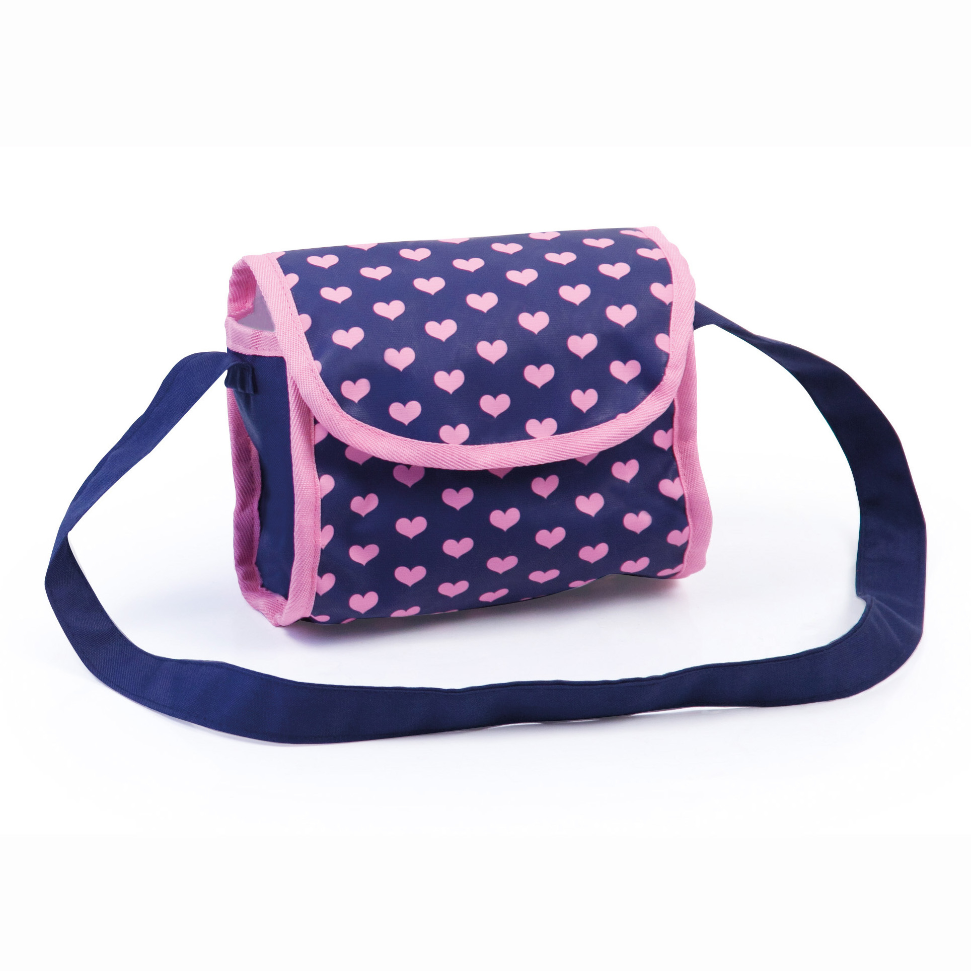 Granatowa torebka w różowe serduszka i lamówką. Posiada pasek na ramię.