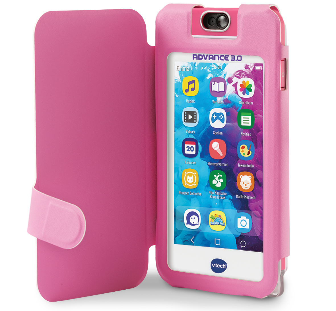 Różowy telefon Vtech z otwartym etui i ekranem z ikonami, na białym tle.