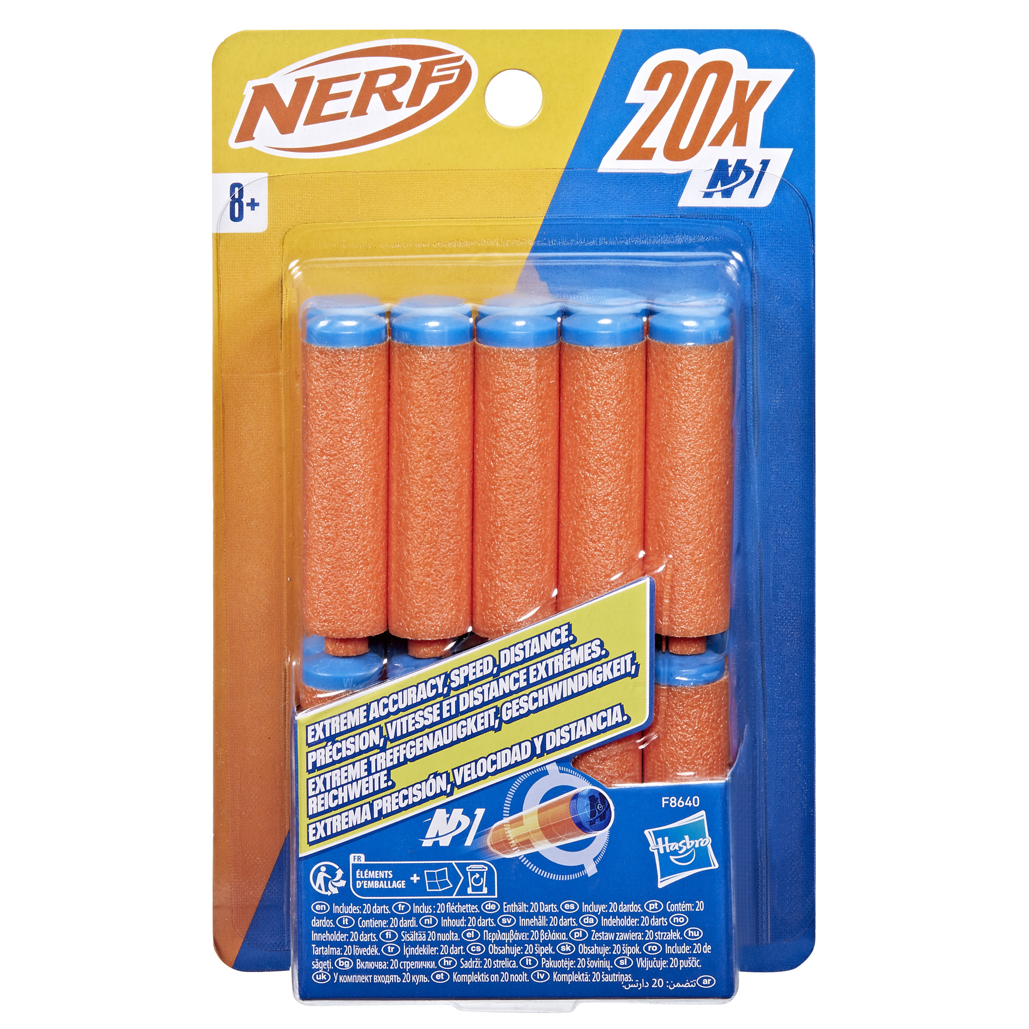 Un paquete de dardos Nerf. Incluye 20 dardos naranjas con puntas azules.