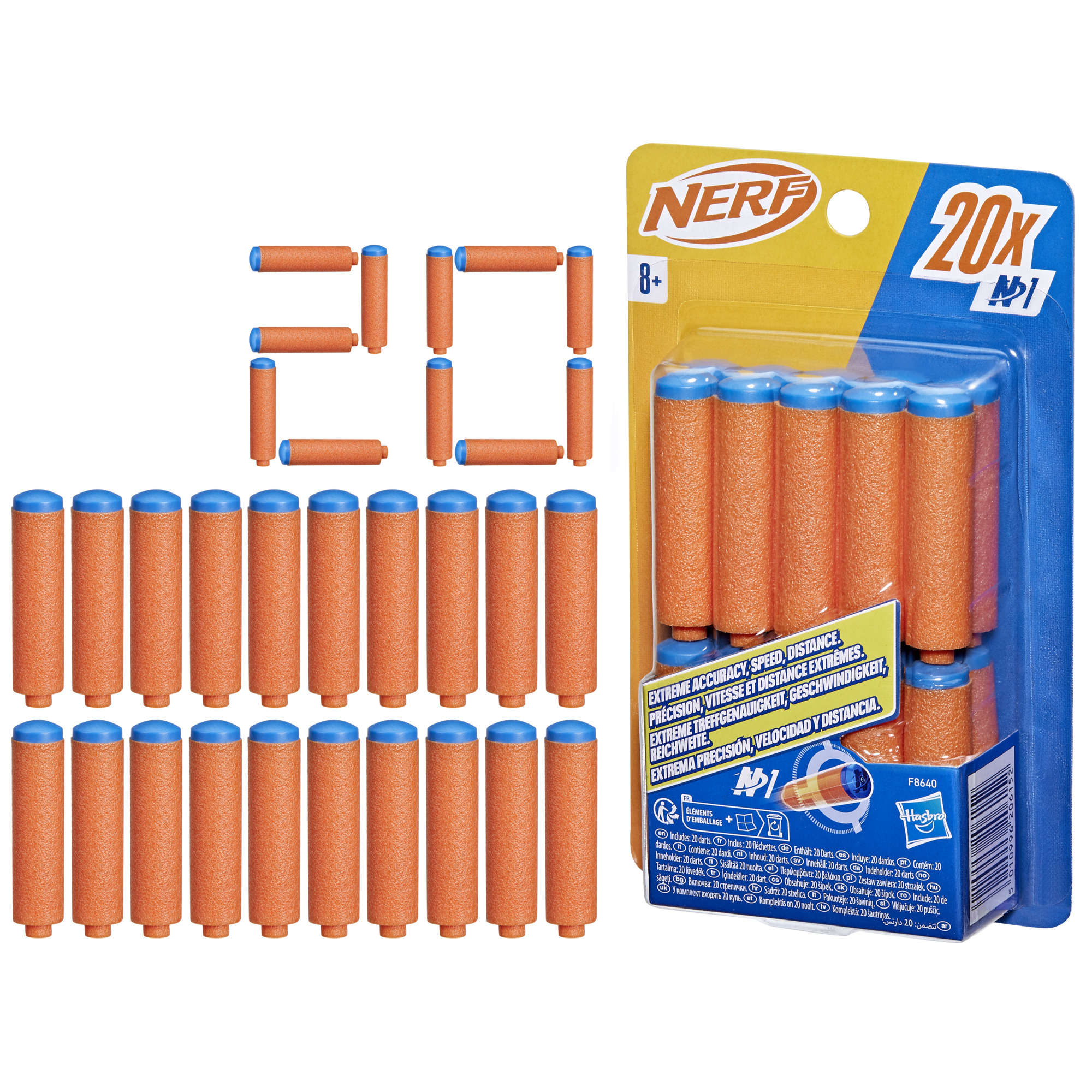 Recargas de dardos Nerf en paquete, naranja, tapas azules, etiqueta '20x', fondo blanco.