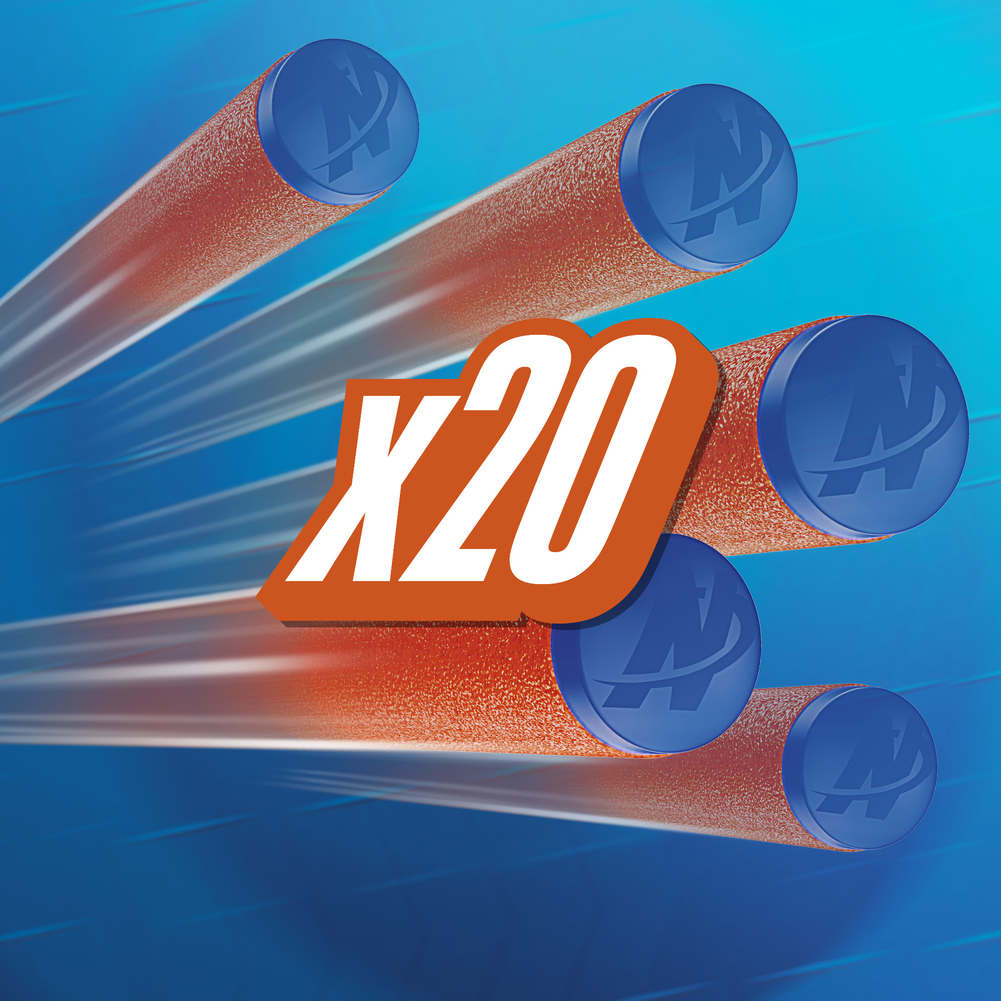 Dardos Nerf naranjas con puntas azules se muestran con un logotipo X20 sobre un fondo azul.
