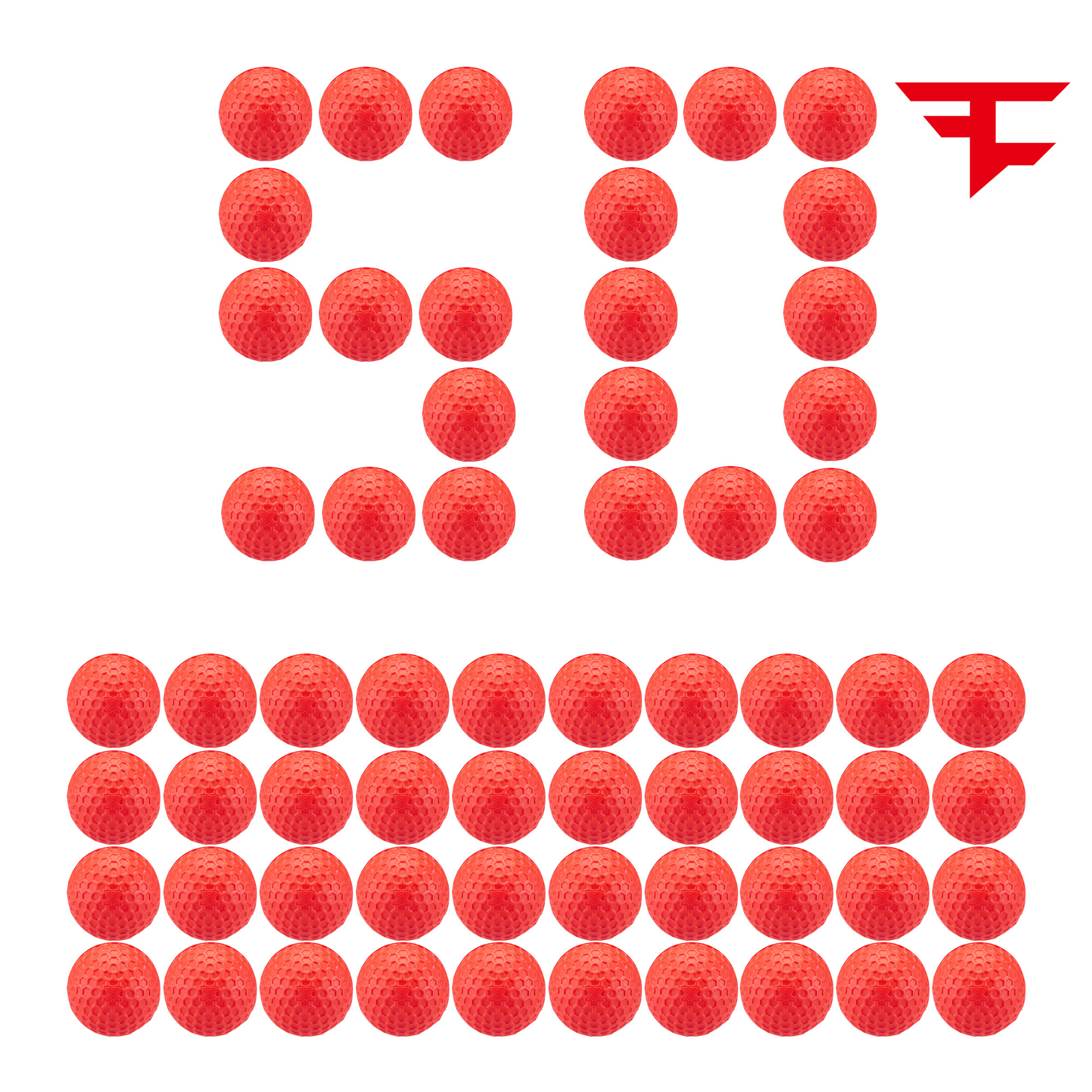 Układ 50 czerwonych kulek z logo.