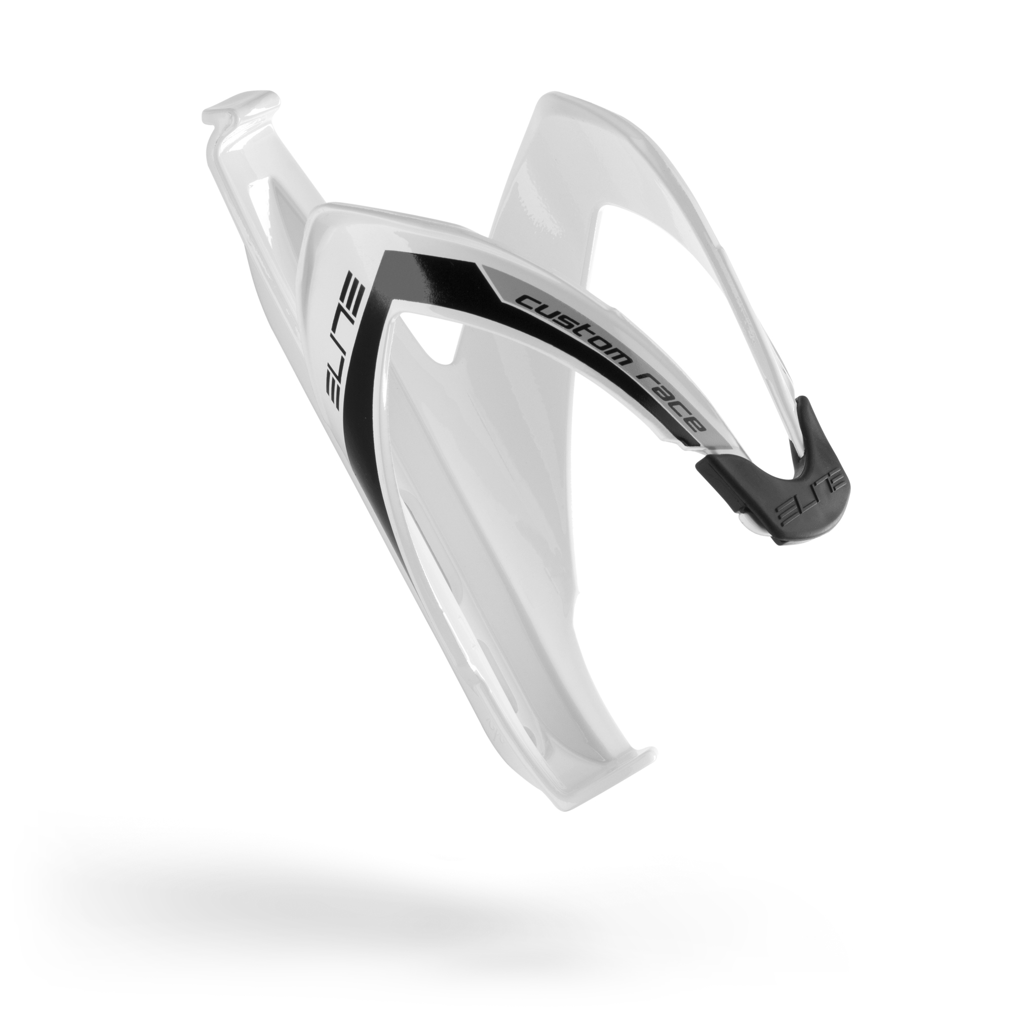 Biało-czarny koszyk na bidon Elite Custom Race, pod kątem, z cieniem poniżej.