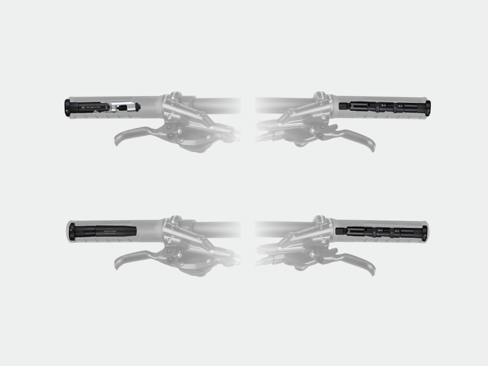 Cztery uchwyty kierownicy roweru ze zintegrowanymi narzędziami, pokazujące zbliżenie na narzędzia i uchwyty.