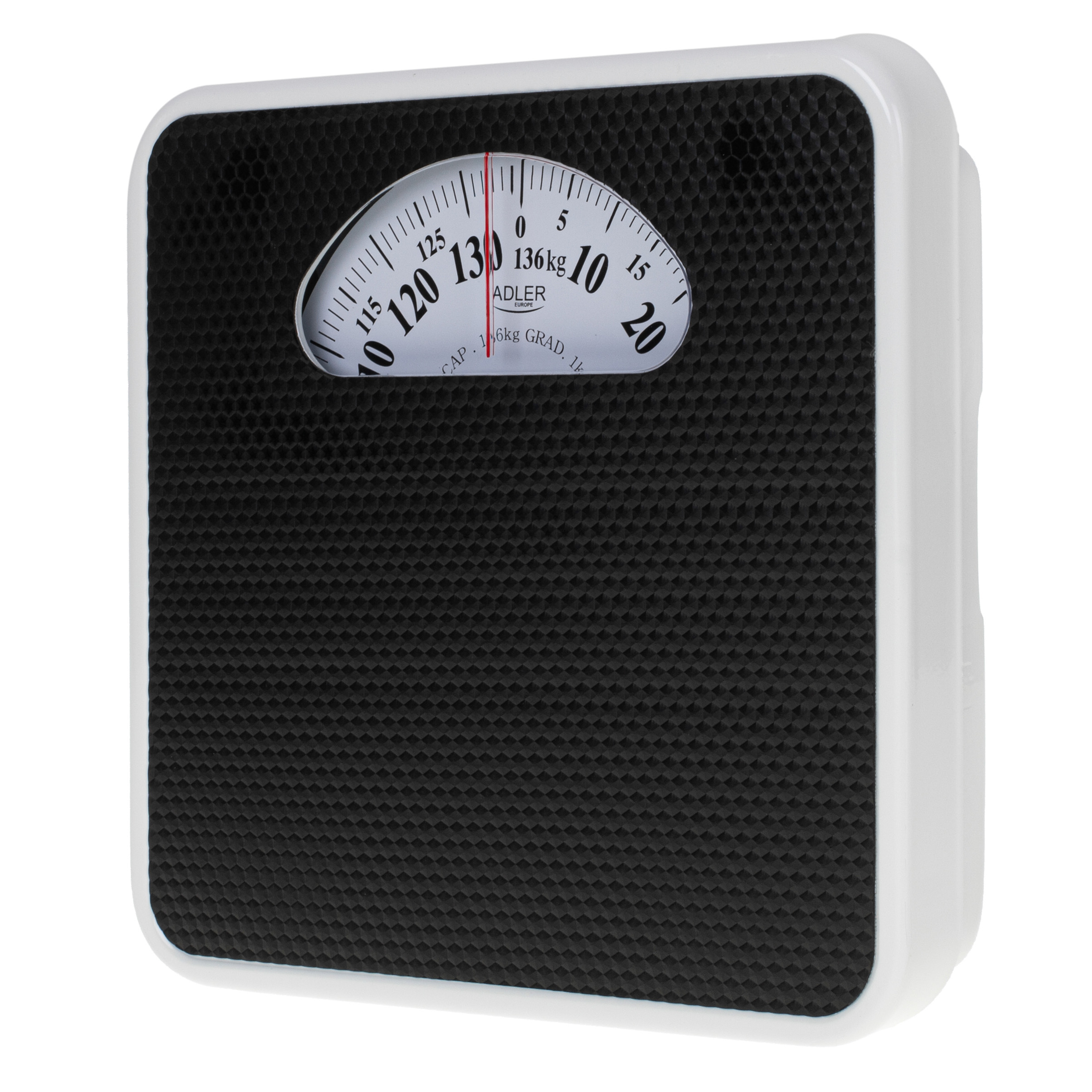 Schwarz-weiße Badezimmerwaage mit weißem Rahmen. Zeigt 136 kg an.