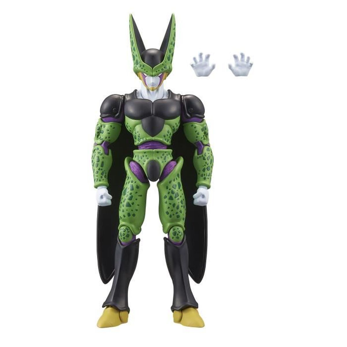 Una figura de acción de Cell. Verde y negro con pies amarillos y dos manos blancas.