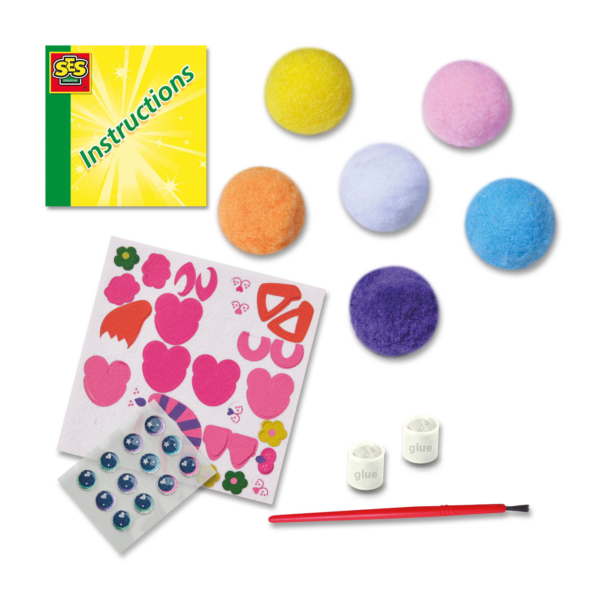 Materiały do rękodzieła: pompony, naklejki, klej i instrukcje.