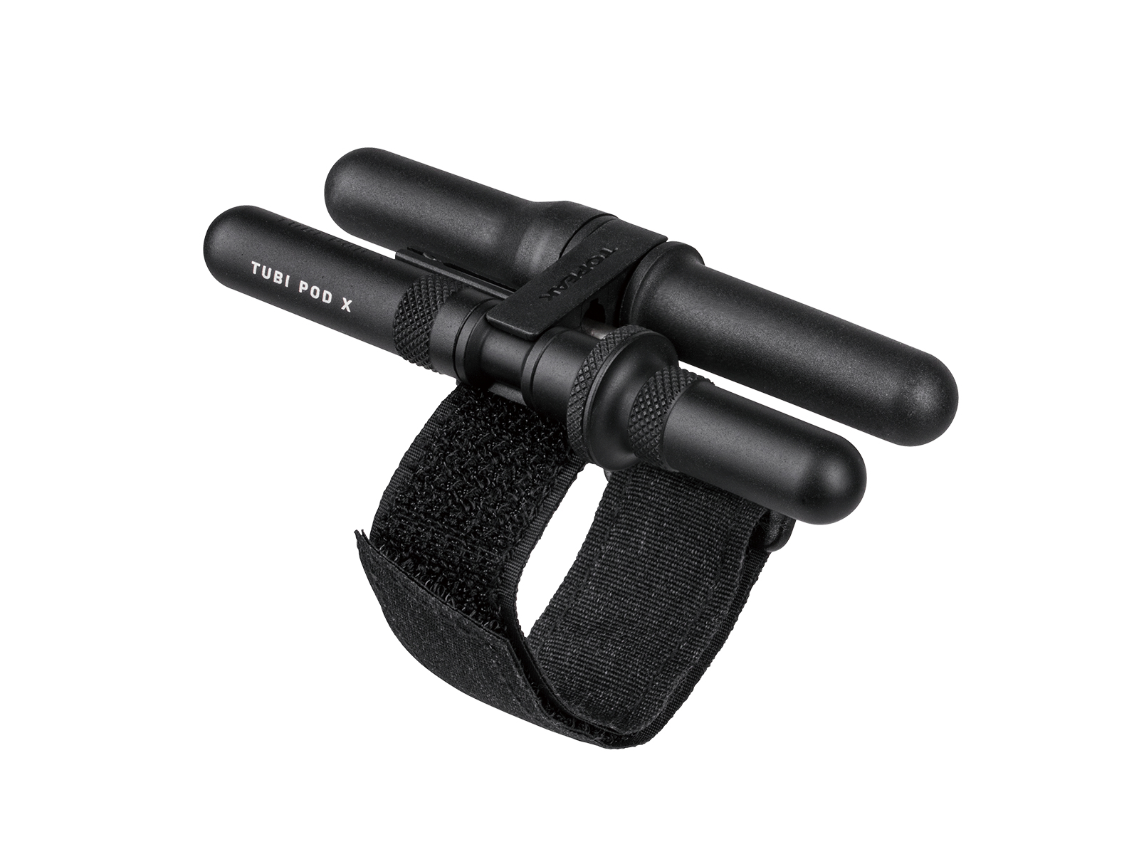 Czarny zestaw naprawczy do opon rowerowych na białym tle.