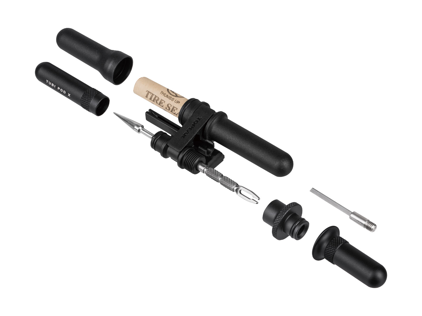 Zestaw narzędzi do naprawy opon rowerowych w stanie rozebranym.