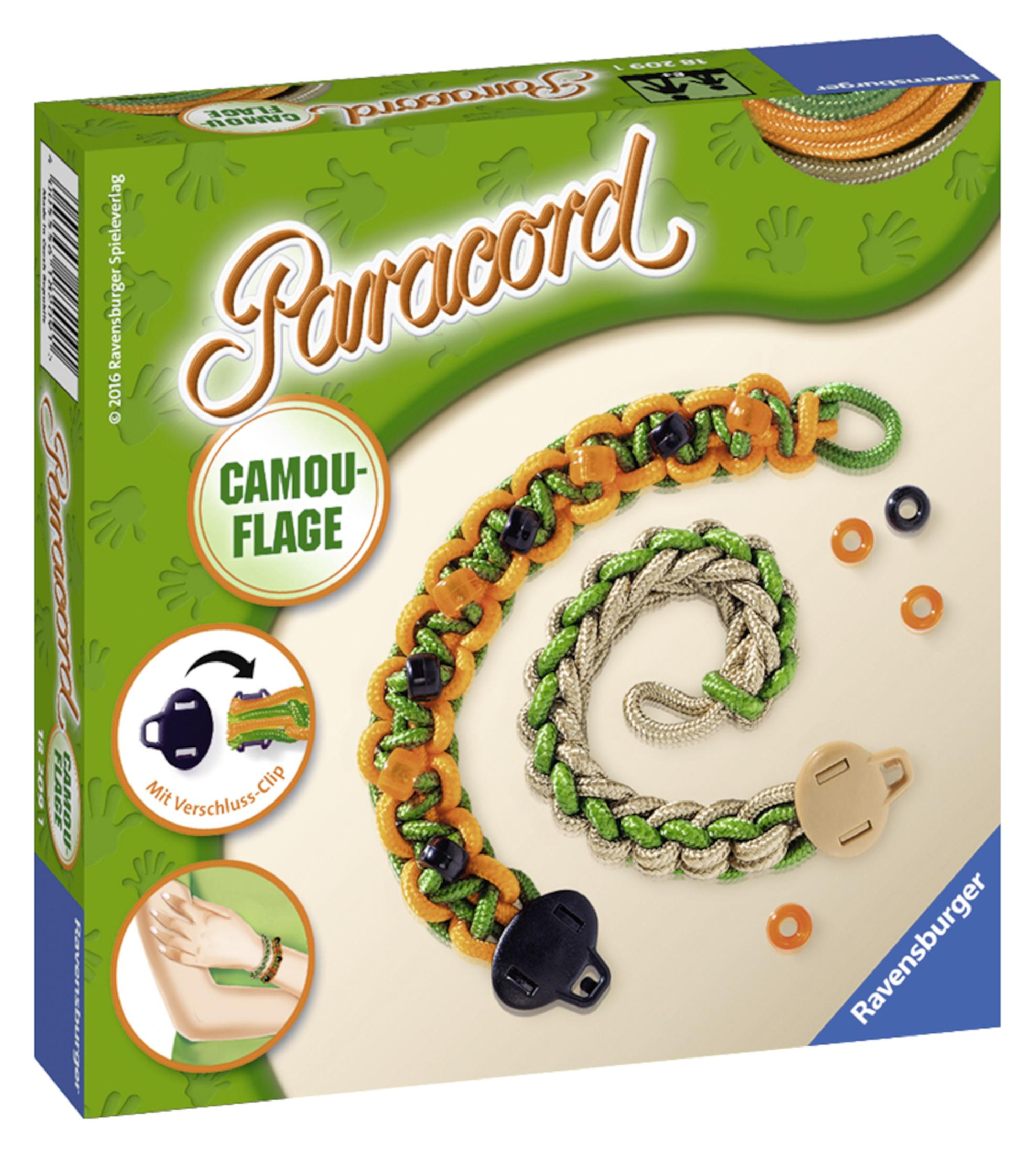 Schachtel mit Paracord zur Herstellung von Armbändern. Die Schachtel zeigt ein Armband.