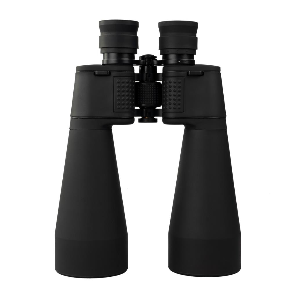 Binocolo nero con cinturino nero. Le lenti sono visibili, su sfondo bianco.