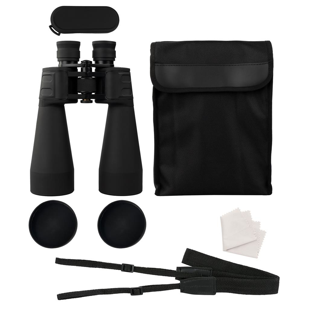 Binocolo nero con accessori: custodia, coperture, cinturino e panni per la pulizia, tutto su sfondo bianco.
