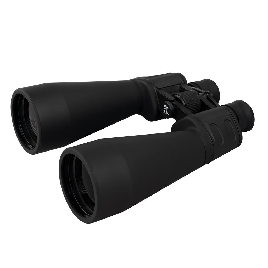 Binocolo nero su sfondo bianco.