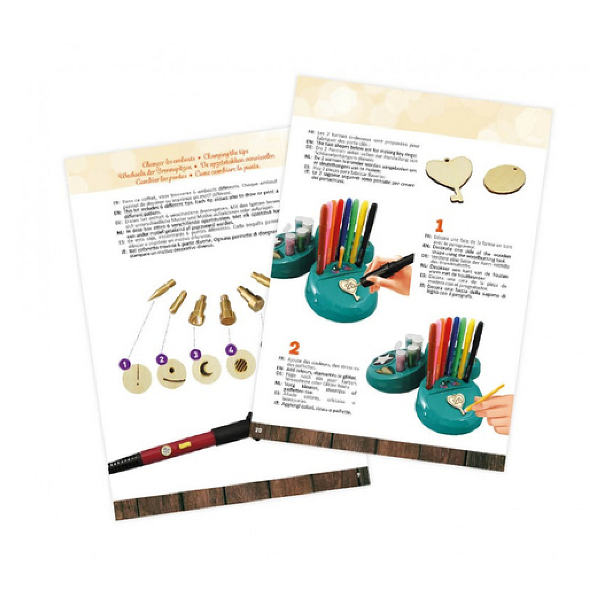 Dwie instrukcje rzemieślnicze z narzędziami, długopisami i drewnianymi kształtami.