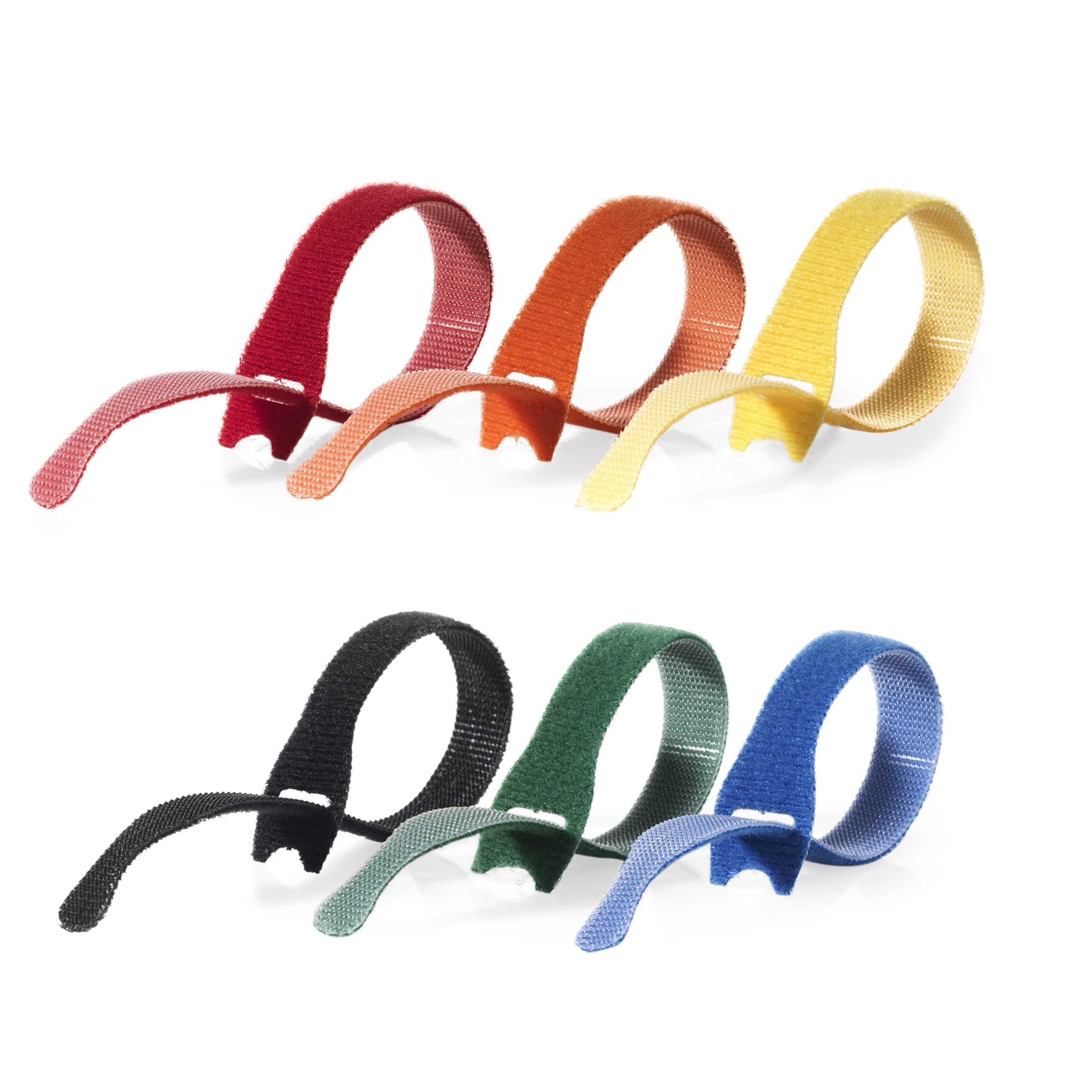 Satz bunter Klett-Kabelbinder in Rot, Orange, Gelb, Schwarz, Grün und Blau.