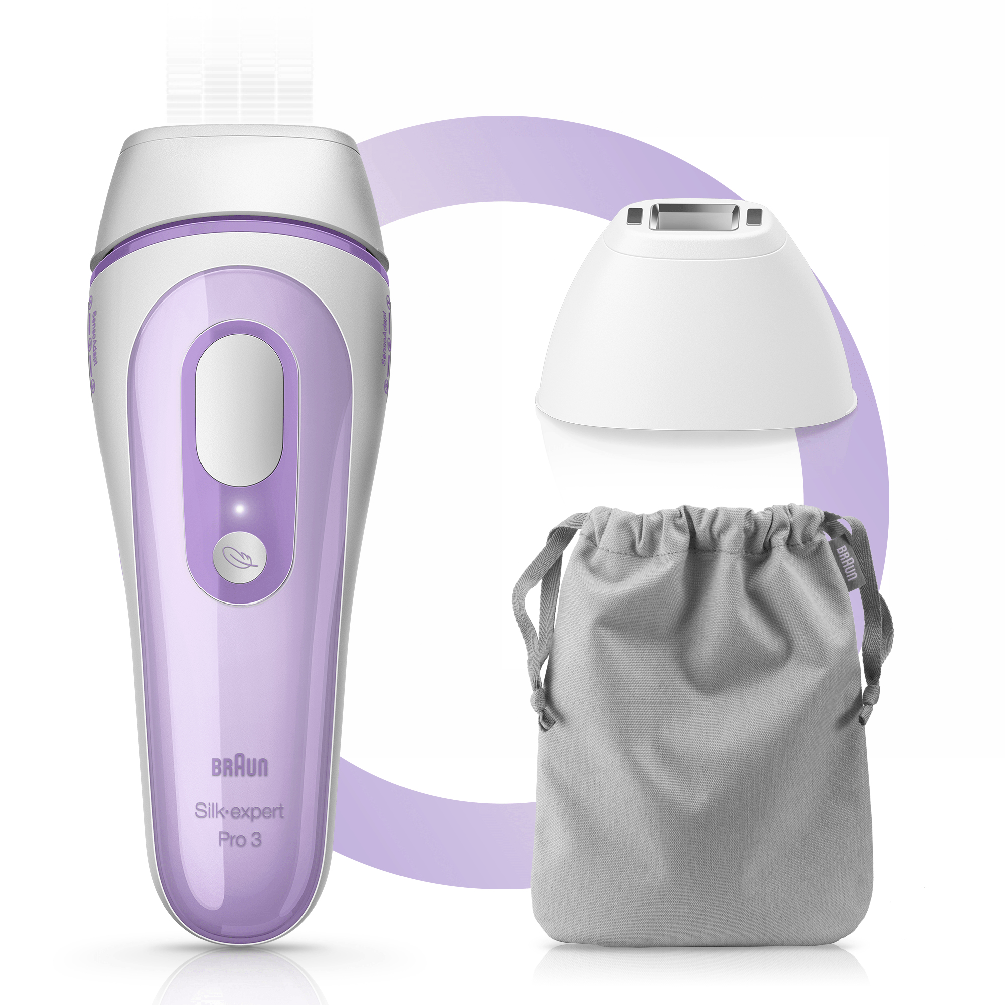 Urządzenie IPL Braun Silk-expert Pro 3 z białą nasadką i szarą torebką na fioletowym tle.