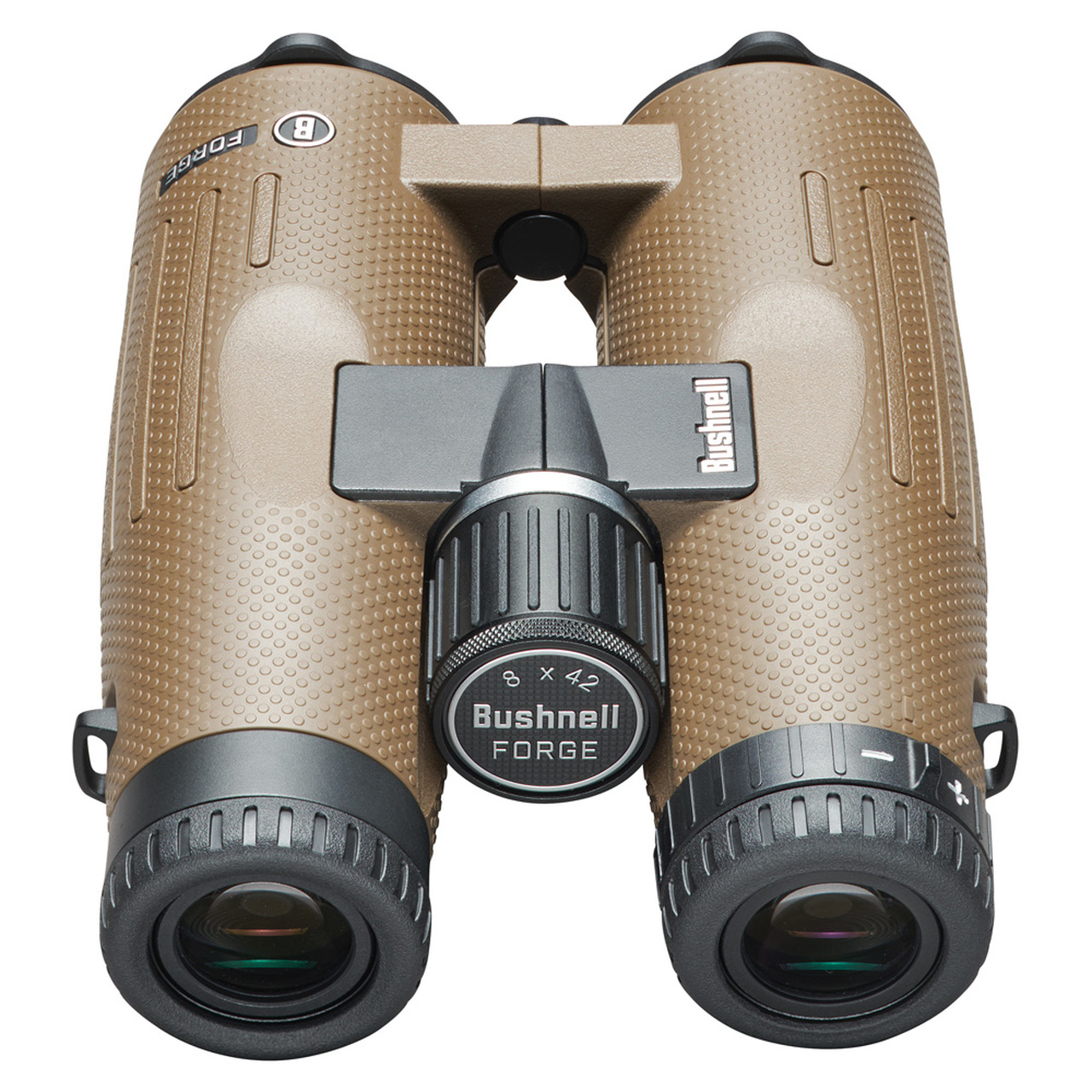 Binocolo Bushnell marrone con dettagli e quadranti neri, sfondo bianco.