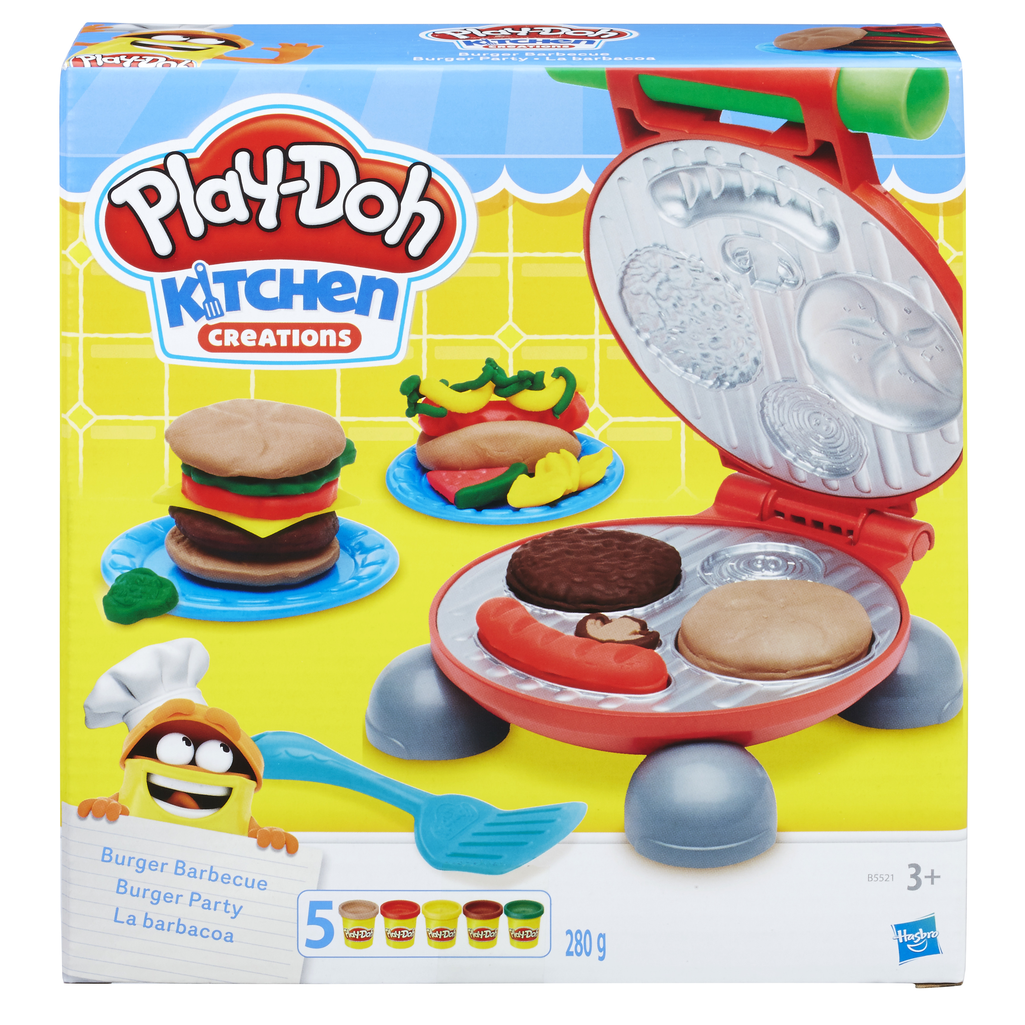 Zestaw Play-Doh Kitchen Creations z elementami burgerów, grillem i akcesoriami.