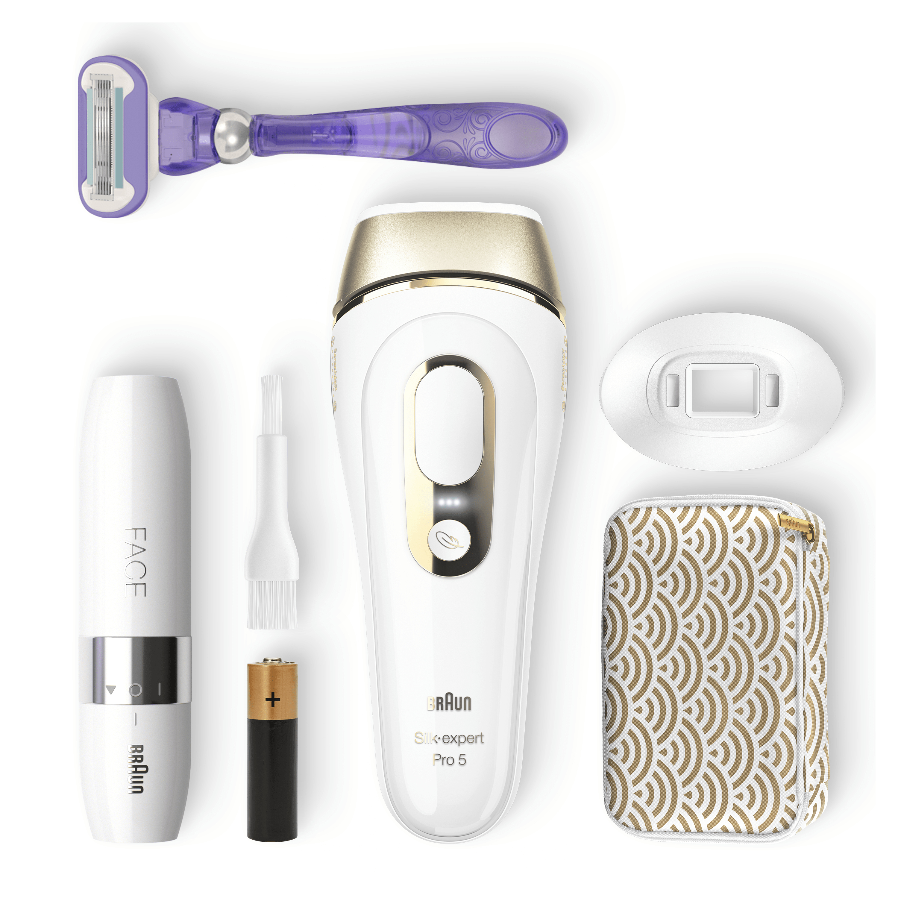 Bir Braun Silk-expert Pro 5 cihazı ve aksesuarları. Bir tıraş makinesi, yüz aparatı, pil ve bir seyahat çantası içerir.