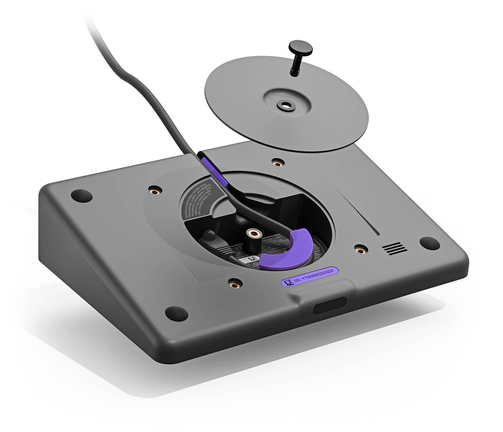 Il retro di un dispositivo con un piccolo pannello di accesso aperto, che mostra i componenti interni.
