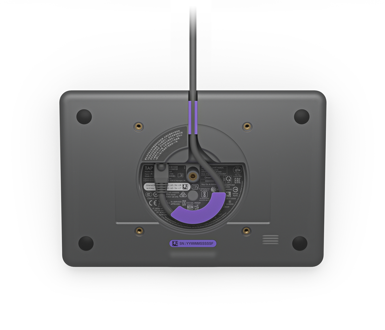 La parte inferiore di un tablet. È grigio scuro e ha una sezione circolare al centro con un cavo viola.