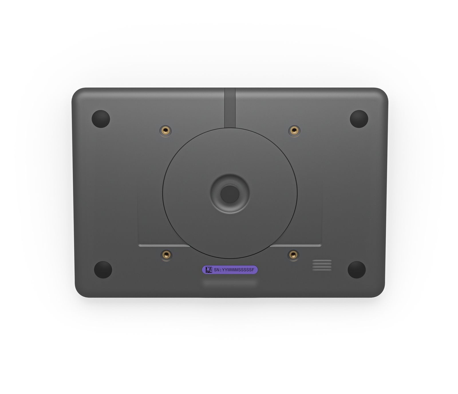Vista inferiore di un tablet grigio. Ha un supporto rotondo e quattro piedini in gomma. È visibile un adesivo con un numero di serie.