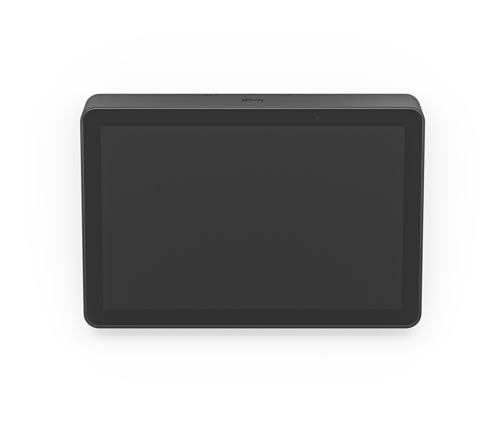 Un tablet grigio scuro. Lo schermo è nero. È su uno sfondo bianco.