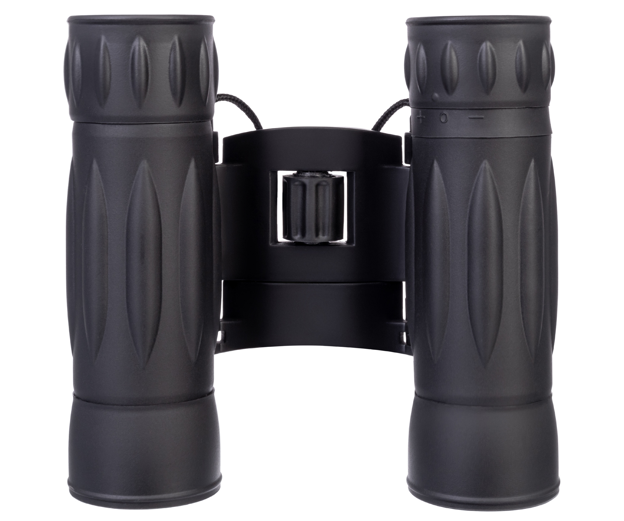 Czarna lornetka. Brak widocznej marki. Białe tło.