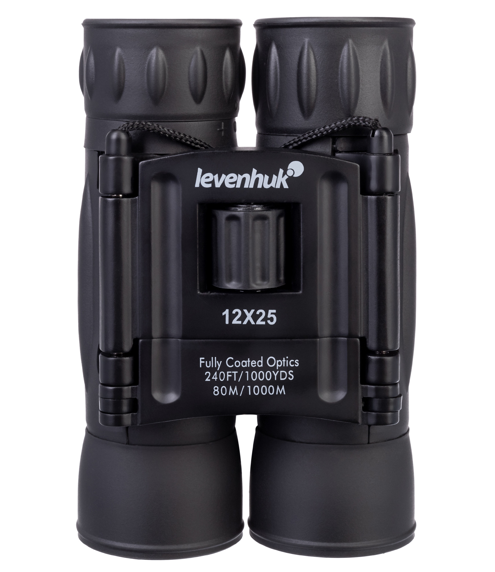 Czarna lornetka. Marka Levenhuk, 12x25. W pełni powlekana optyka. Białe tło.