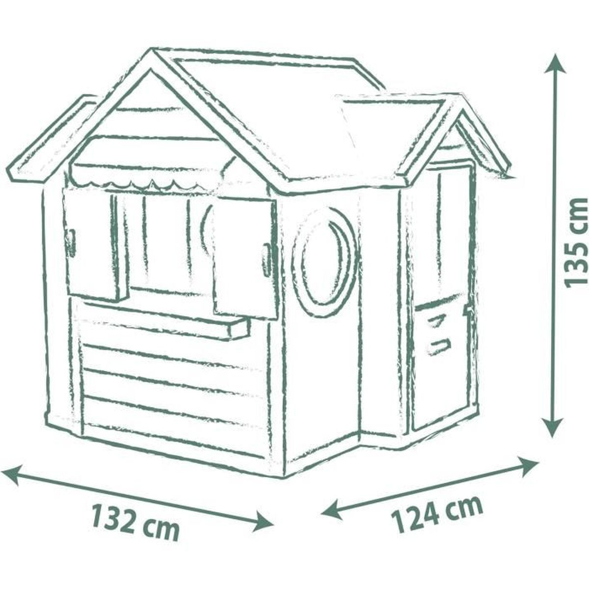 Disegno a tratteggio di una casa di gioco, con dimensioni etichettate in cm e un tetto.