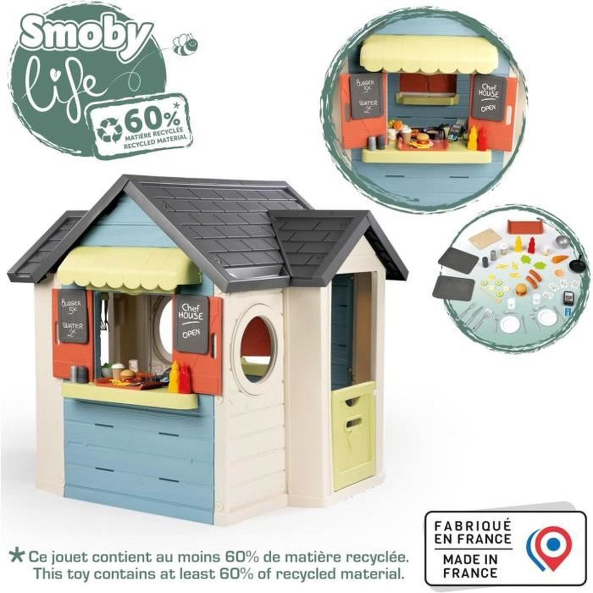 Casotto per bambini a tema ristorante. Include un bancone, un menu e vari cibi giocattolo.