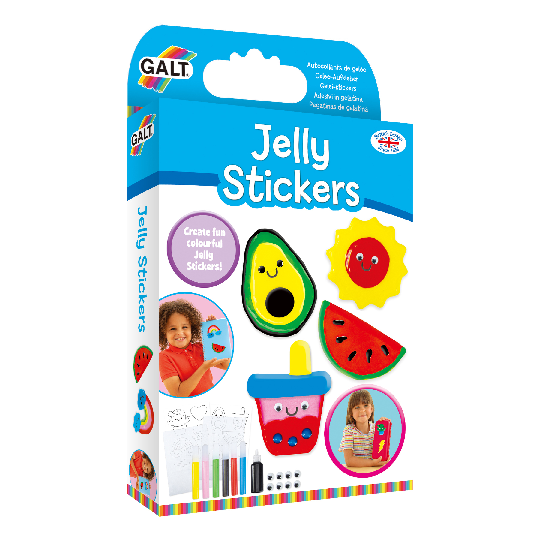 Caja de pegatinas de gelatina con un niño sosteniendo una pegatina y varios diseños de pegatinas coloridos.
