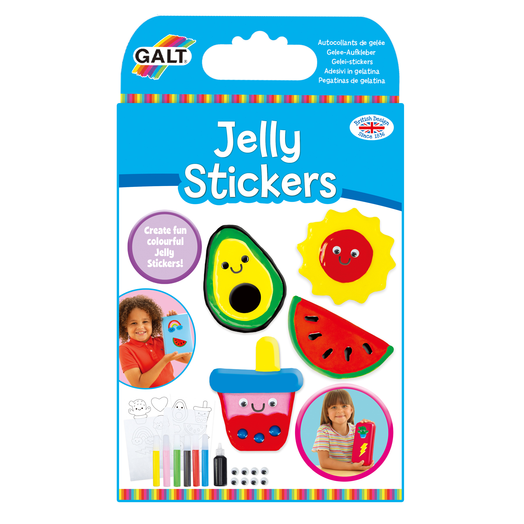 Una caja de pegatinas de gelatina. Muestra varias pegatinas con forma de fruta y dibujos animados.