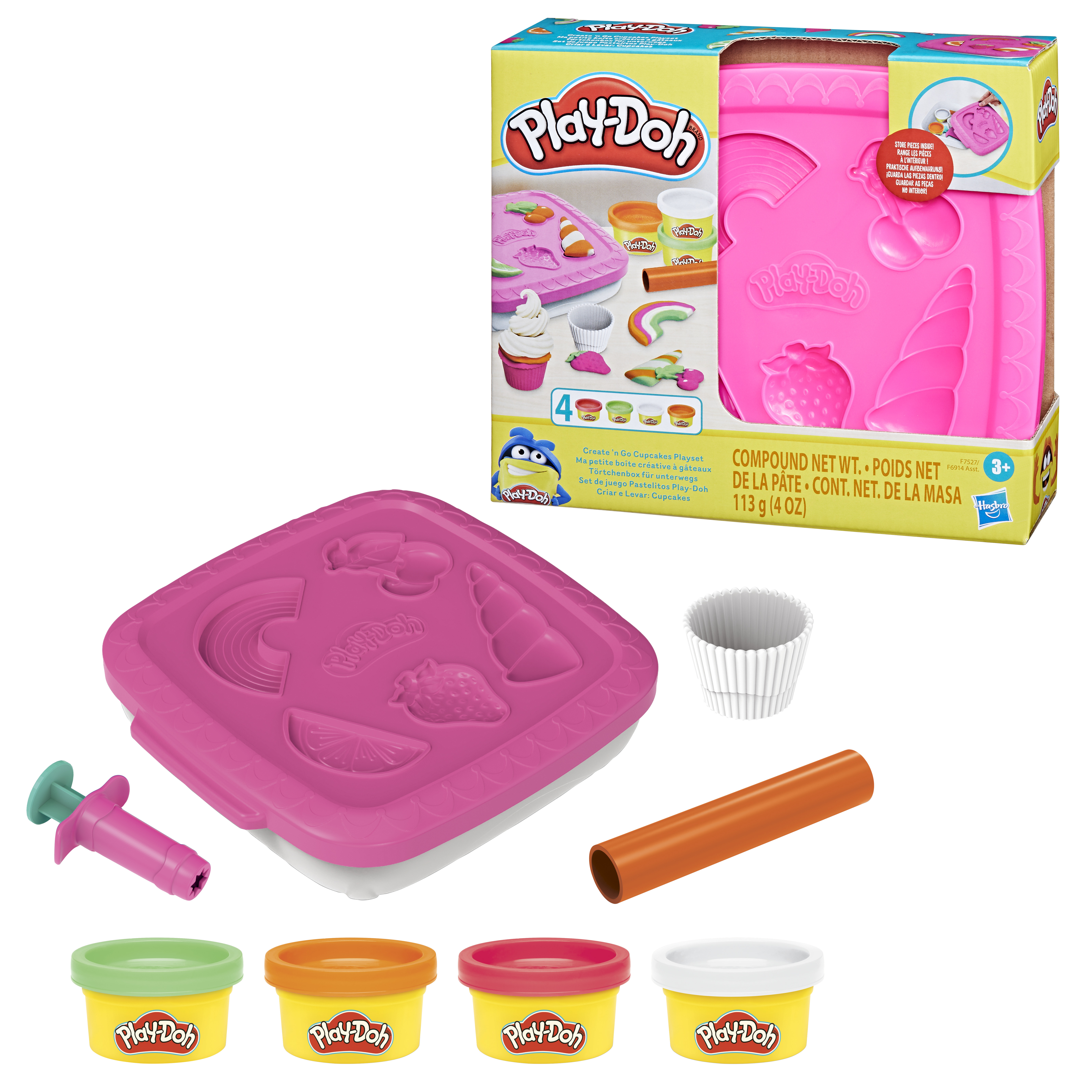 Zestaw Play-Doh z różową pokrywą. Zawiera foremki, pojemniki Play-Doh, narzędzia. Pomarańczowy, zielony, czerwony i biały Play-Doh.