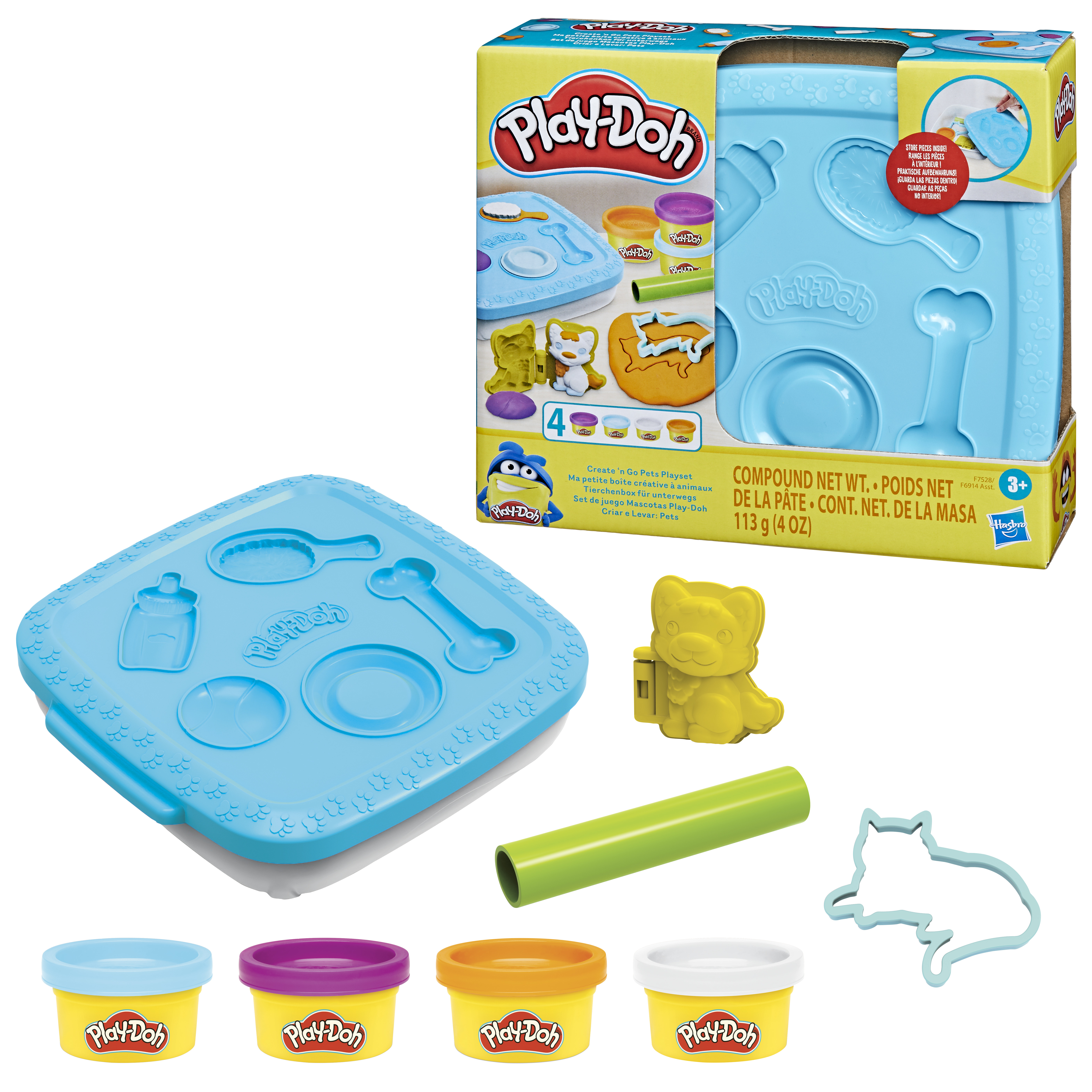 Zestaw Play-Doh z pojemnikami Play-Doh, narzędziami i wykrojnikami do tworzenia zabawek.