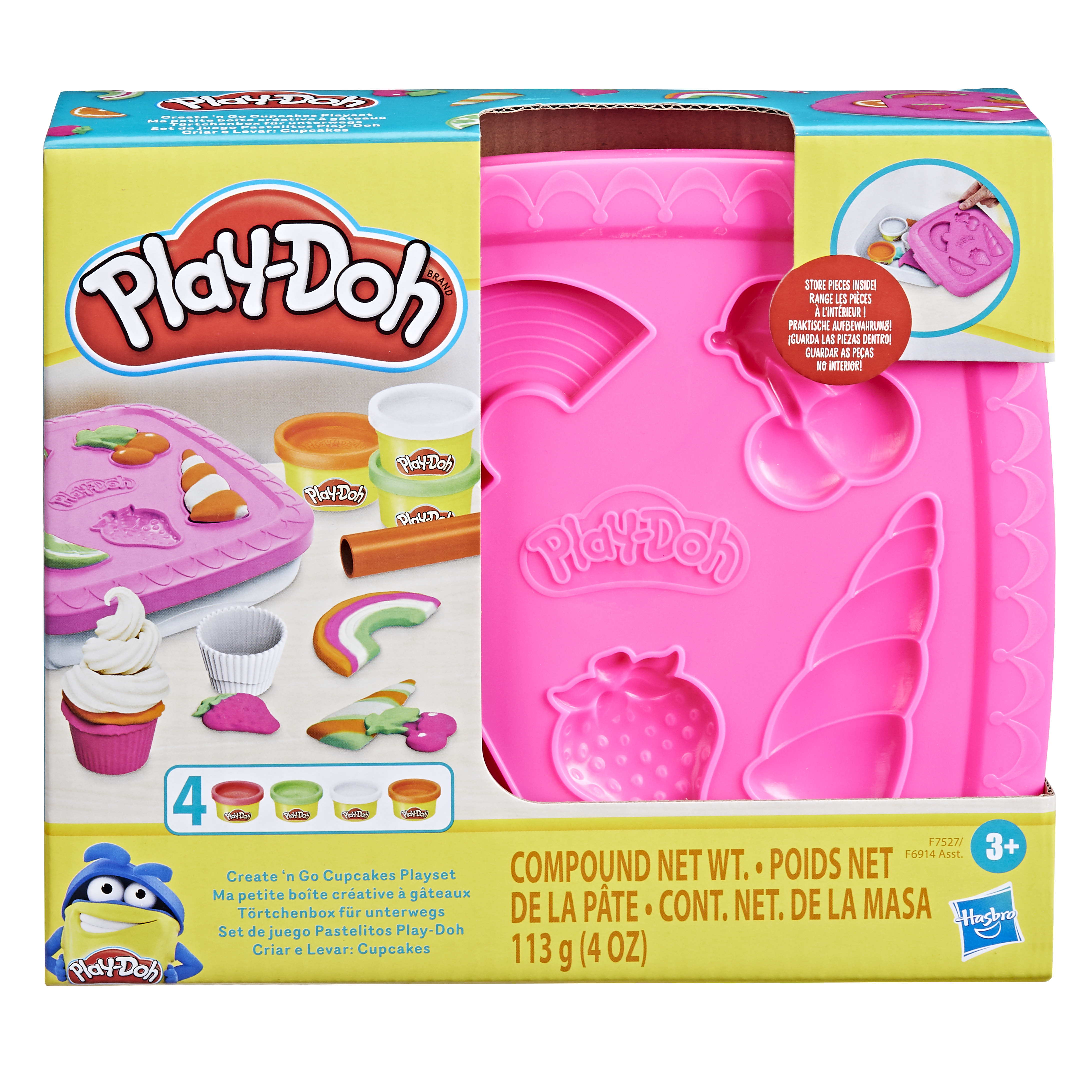 Zestaw Play-Doh z różową pokrywką. Zawiera foremki, pojemniki Play-Doh i narzędzia. Zestaw w pudełku z logo Play-Doh.