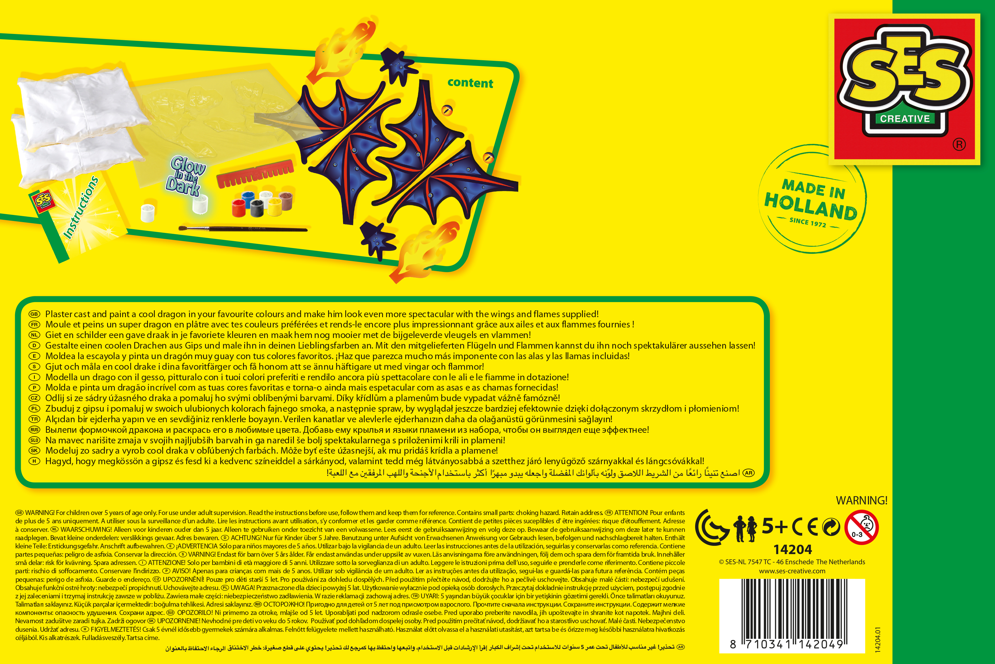 Tył pudełka zestawu rzemieślniczego SES Creative ze smokiem z instrukcjami.