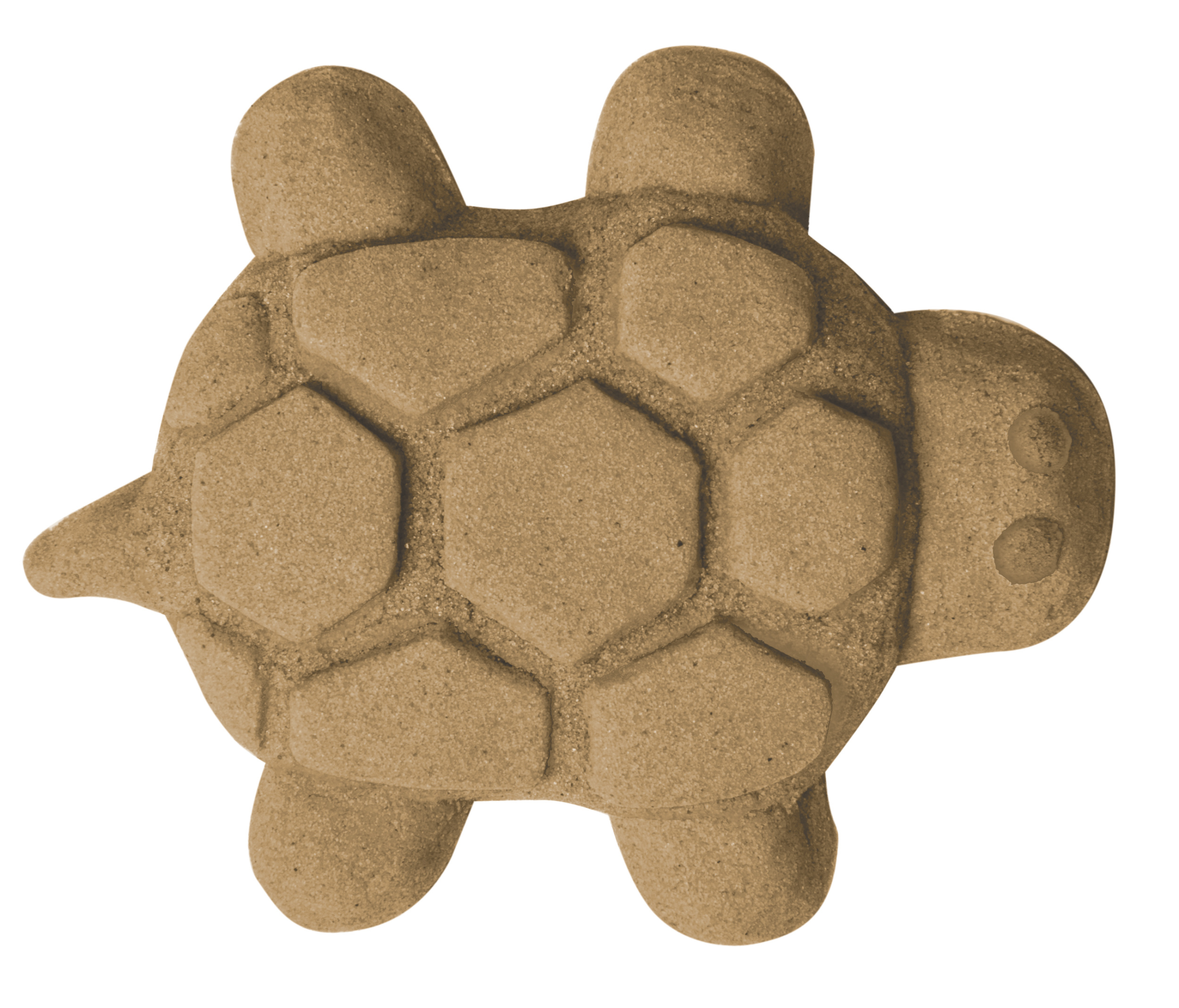 Zabawka z piasku w kształcie żółwia. Brązowy piasek uformowany w kształt żółwia.