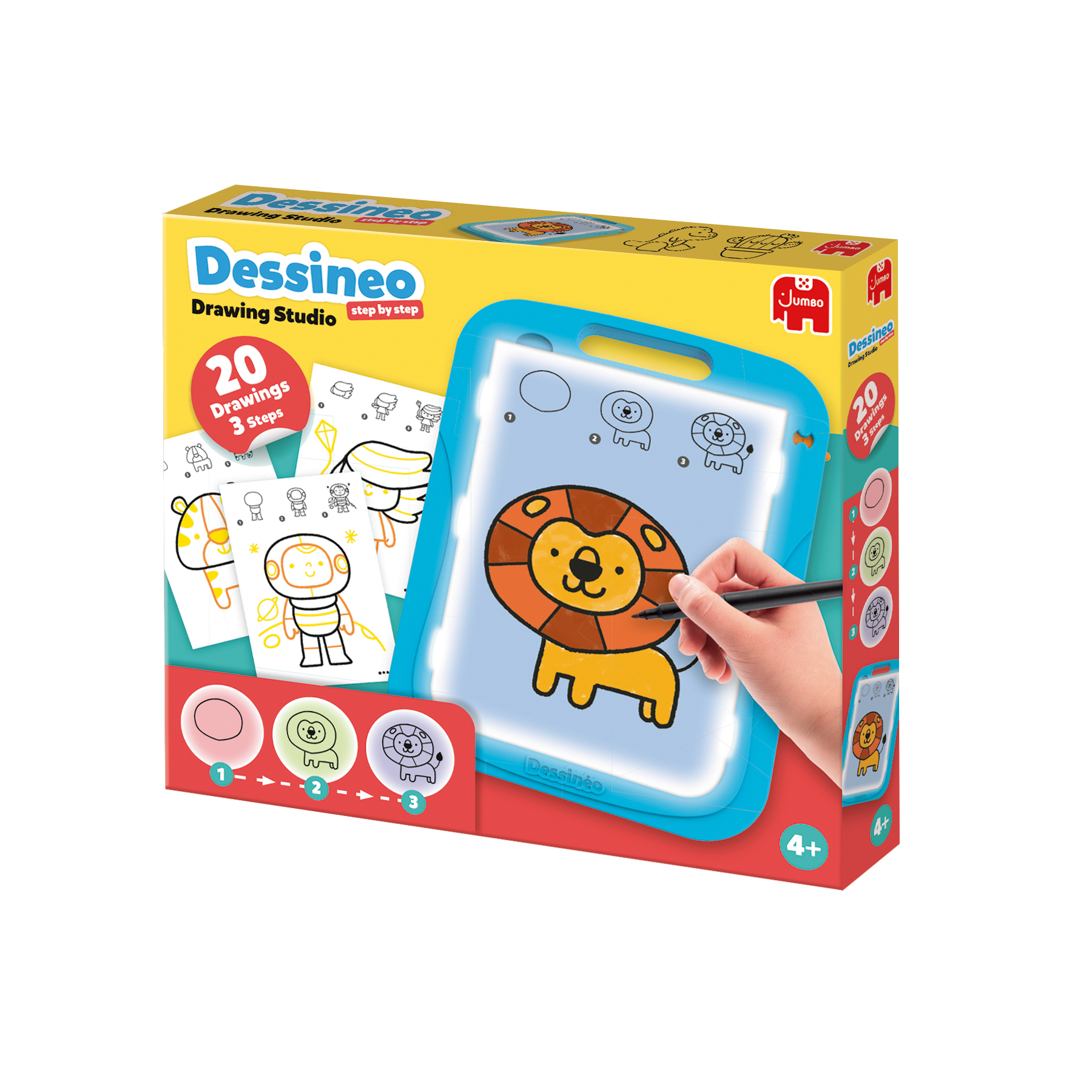 Drawing Studio doos met illustraties. Een kinderhand tekent een leeuw op een oplichtend tekenbord.