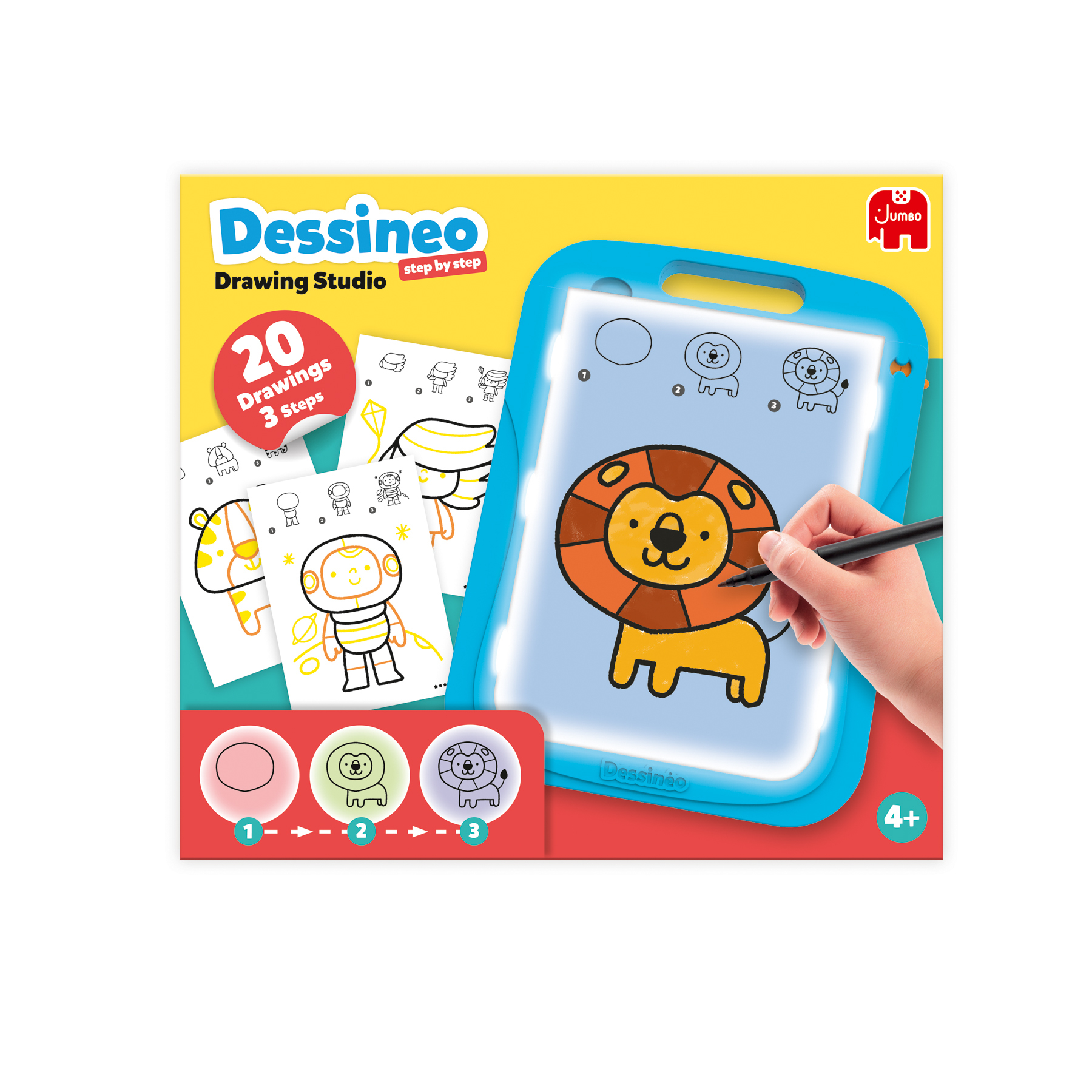 Drawing Studio doos met illustraties. De hand van een persoon tekent een leeuw op een oplichtend tekenbord.