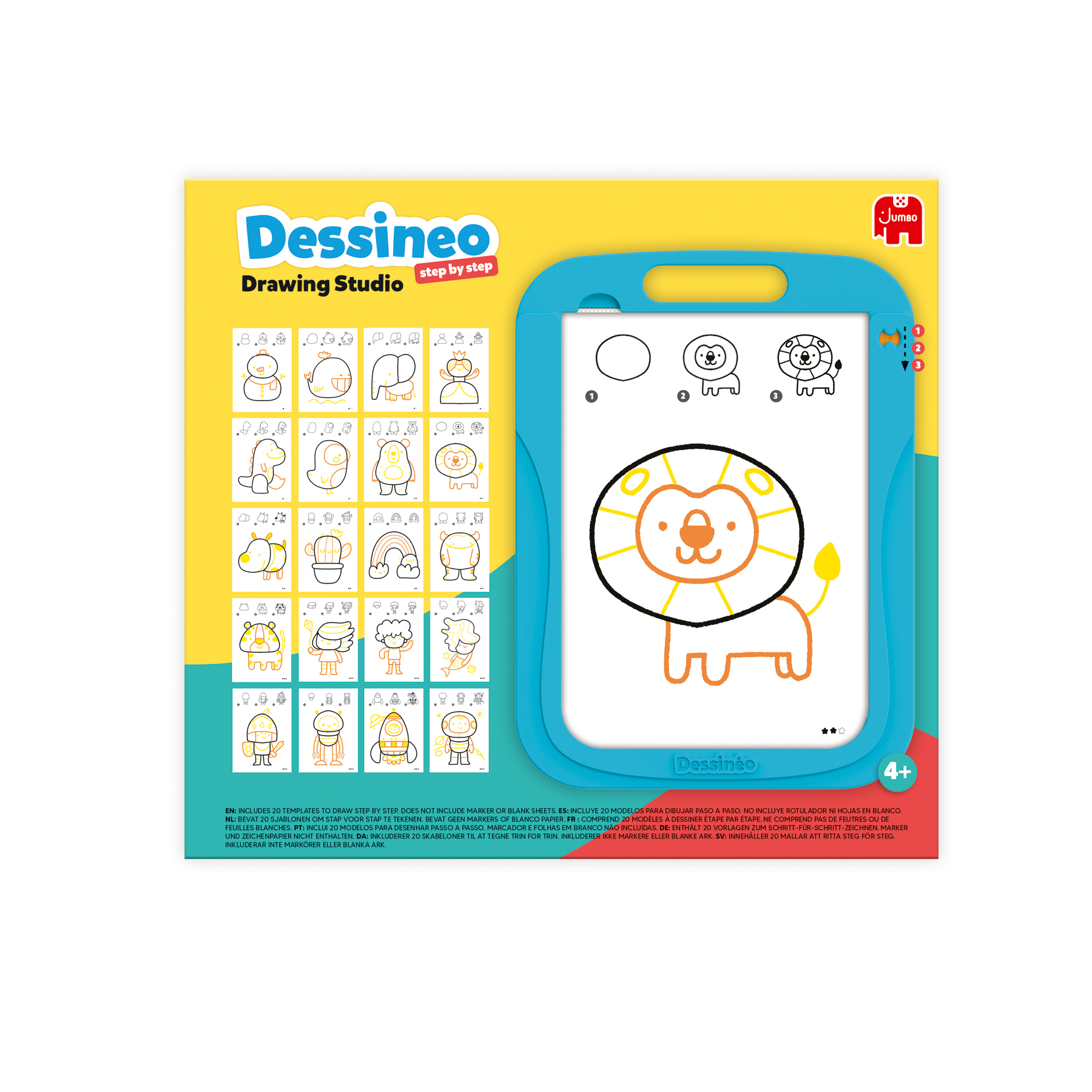 Drawing Studio doos met tekeningen. Toont een leeuwtekening en andere stap-voor-stap illustraties.