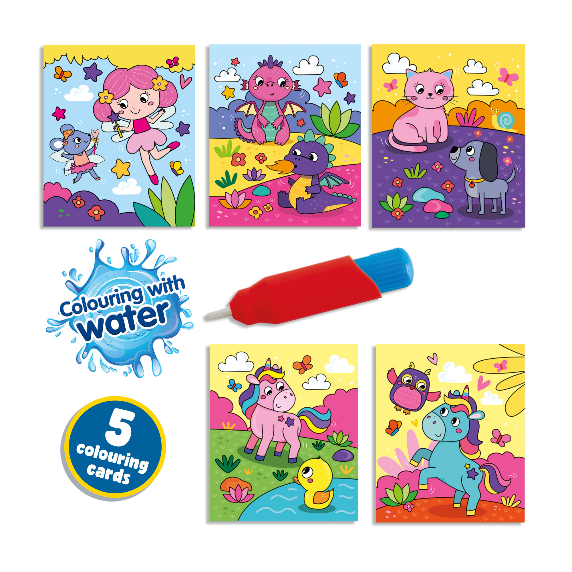 Karty do kolorowania dla dzieci z wodą, postaciami z kreskówek i pisakiem.