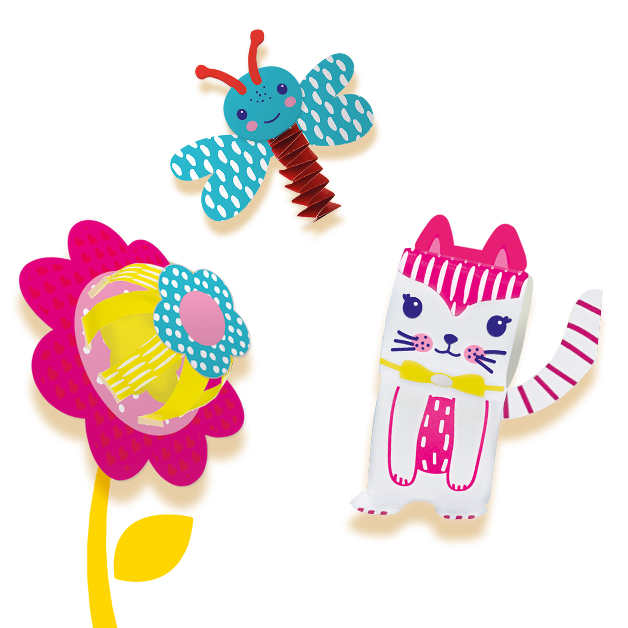 Papierowe wycinanki kwiatka, ważki i kota.