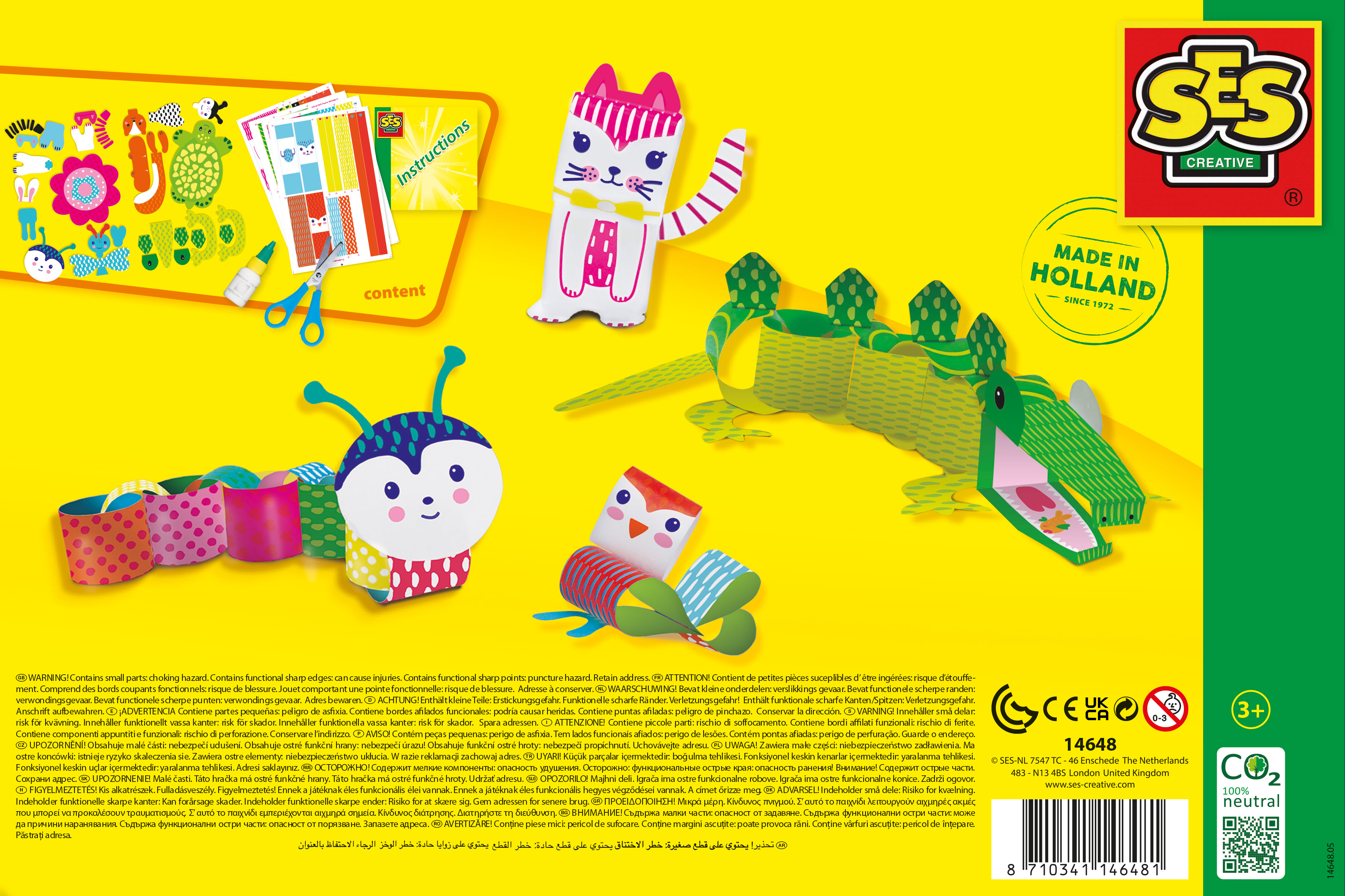Tył pudełka SES Creative z zabawkami: kotem, motylem i krokodylem.