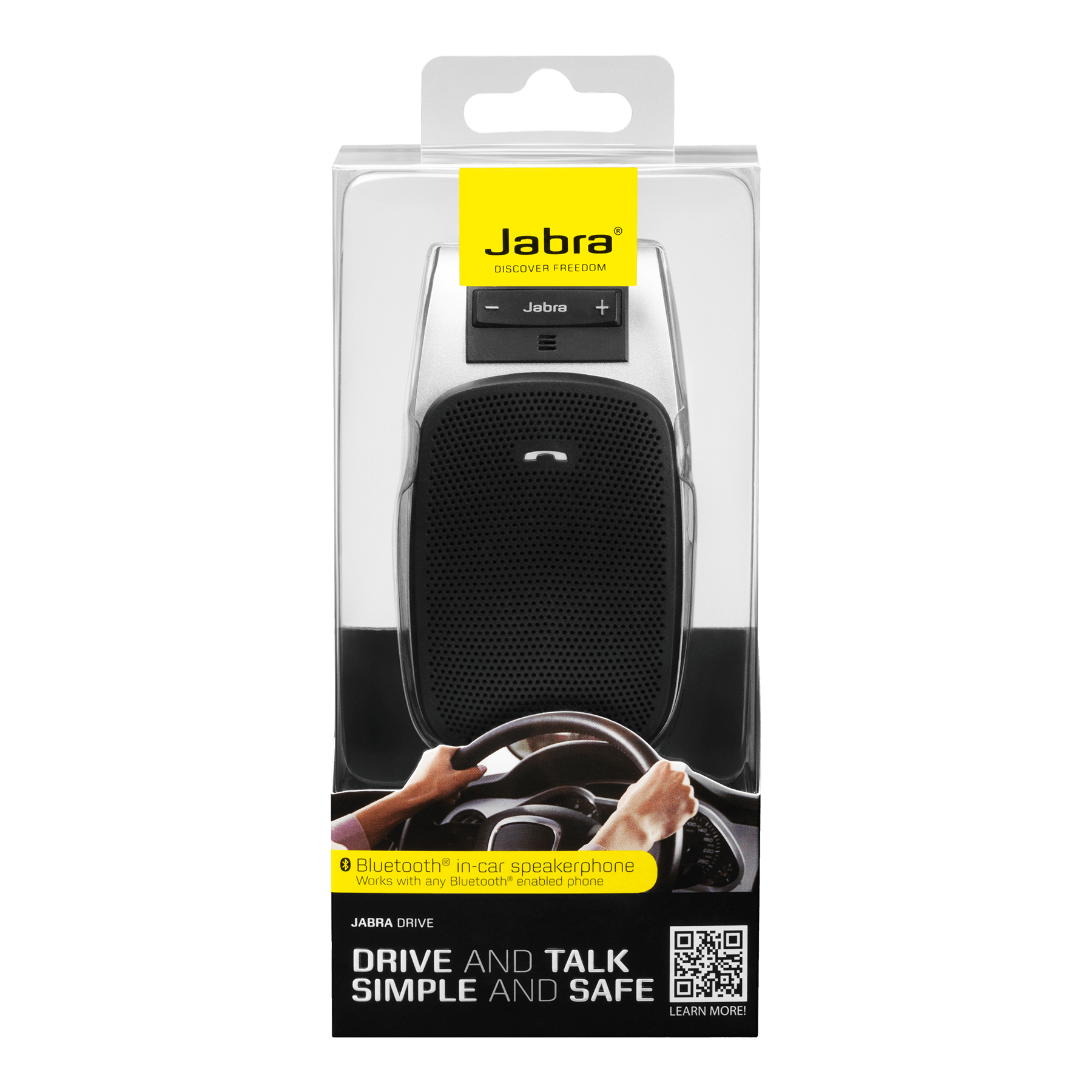 Jabra Bluetooth-Freisprecheinrichtung für das Auto in der Verpackung. Zeigt Hände an einem Lenkrad.