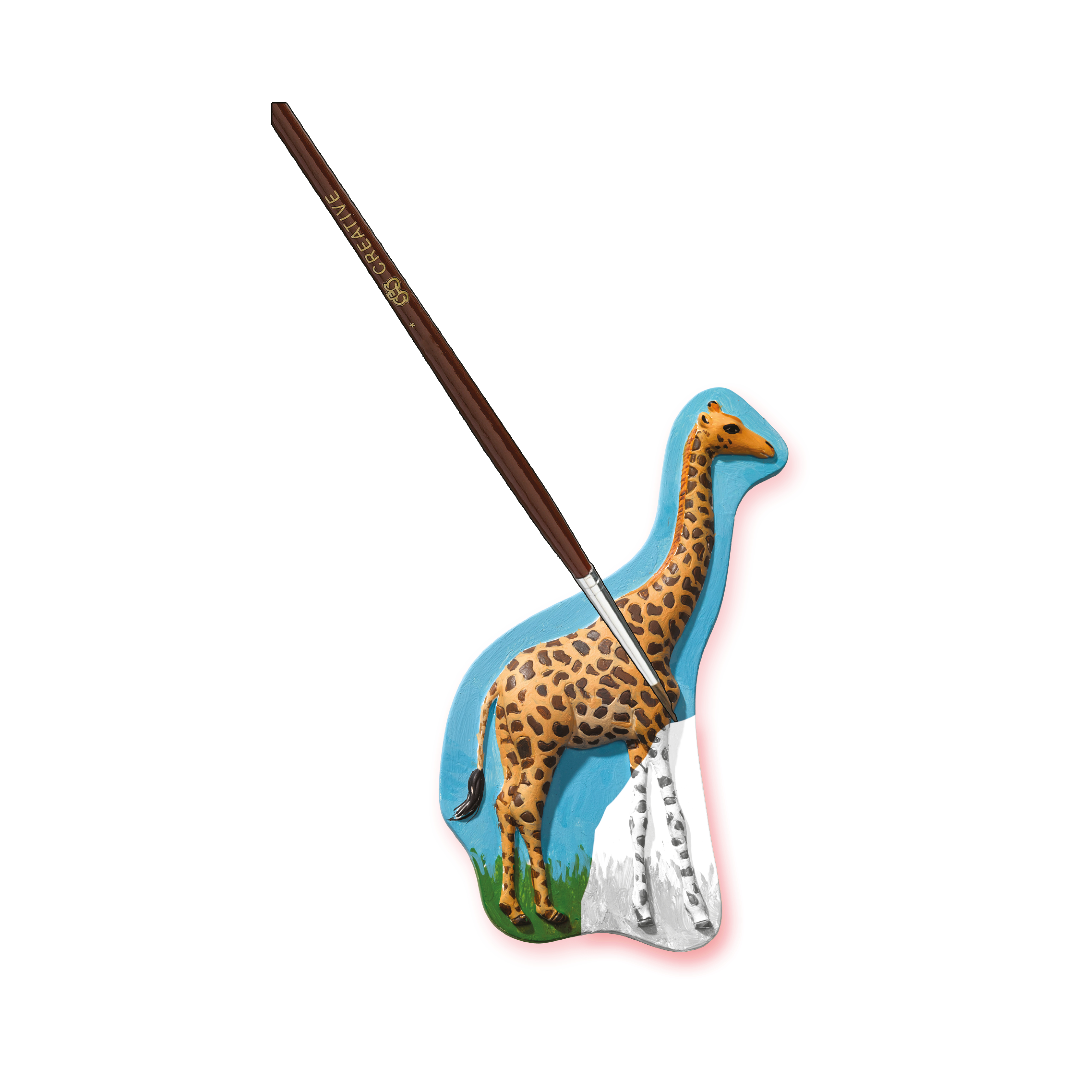 Zestaw do malowania żyrafy. Zawiera pędzel i figurkę żyrafy na niebieskim tle.