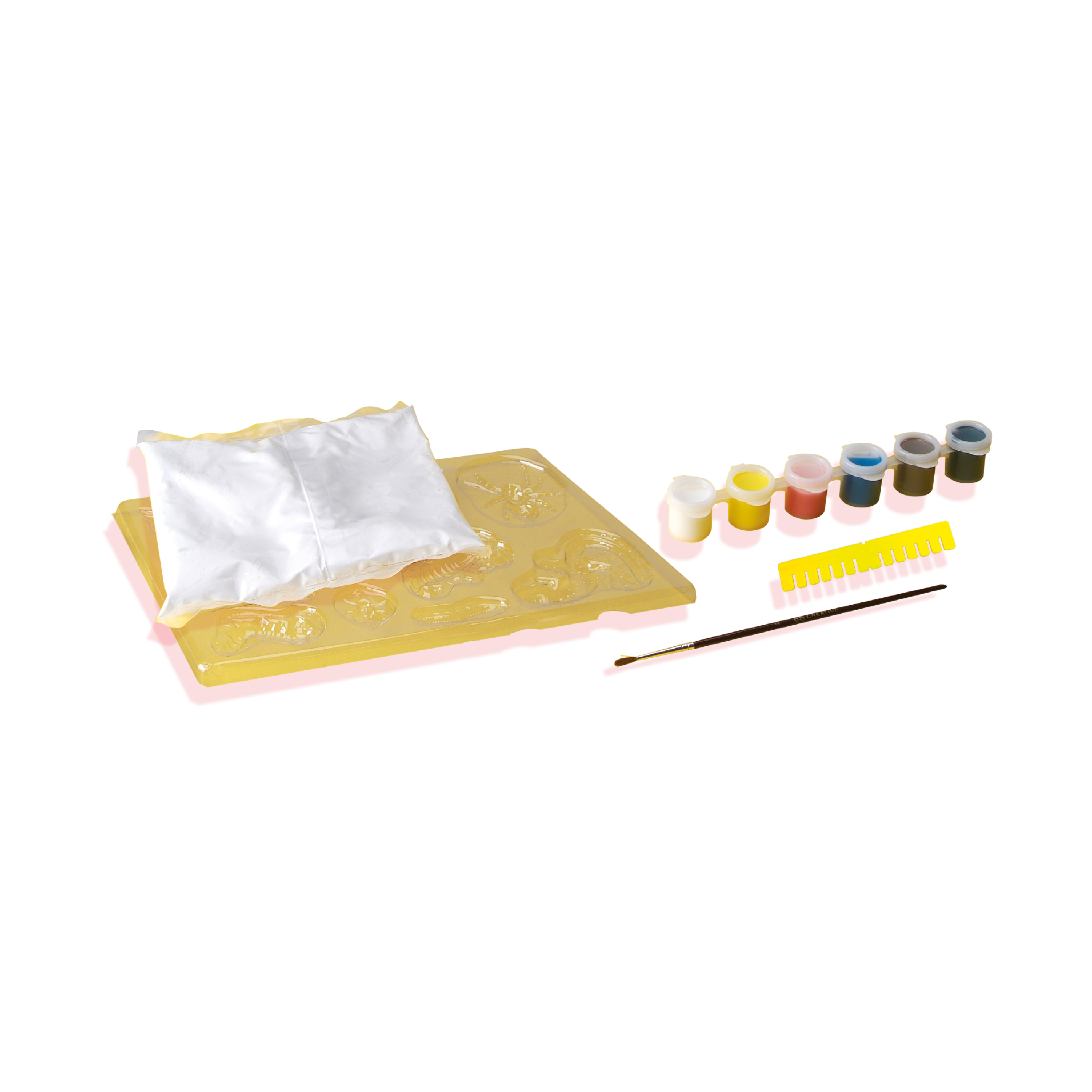 Zestaw rzemieślniczy z różnymi farbami i pędzlem. Zawiera formę z figurkami.