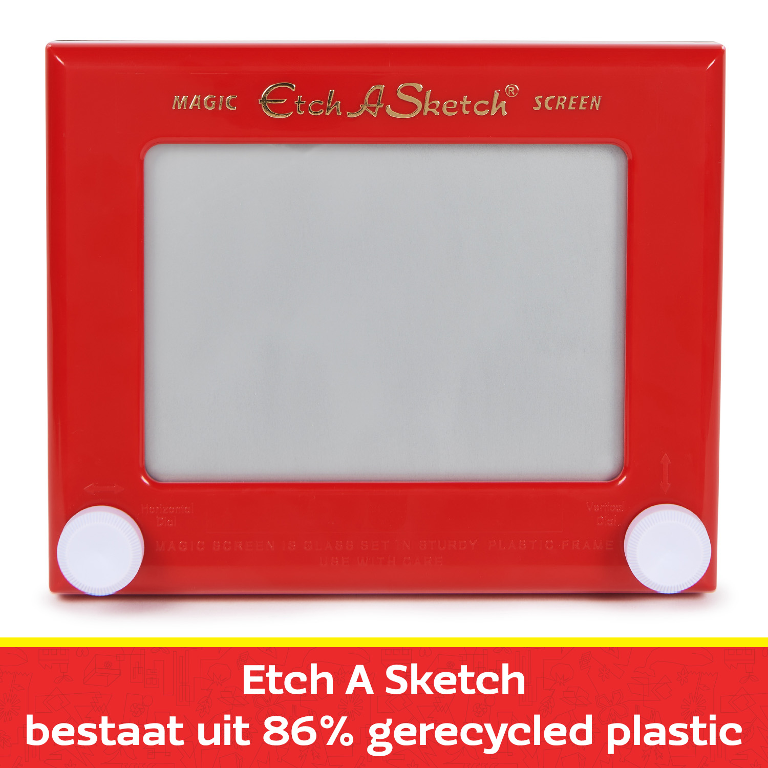 Czerwona zabawka Etch A Sketch z białymi pokrętłami. Tekst brzmi „Magic Etch A Sketch”.