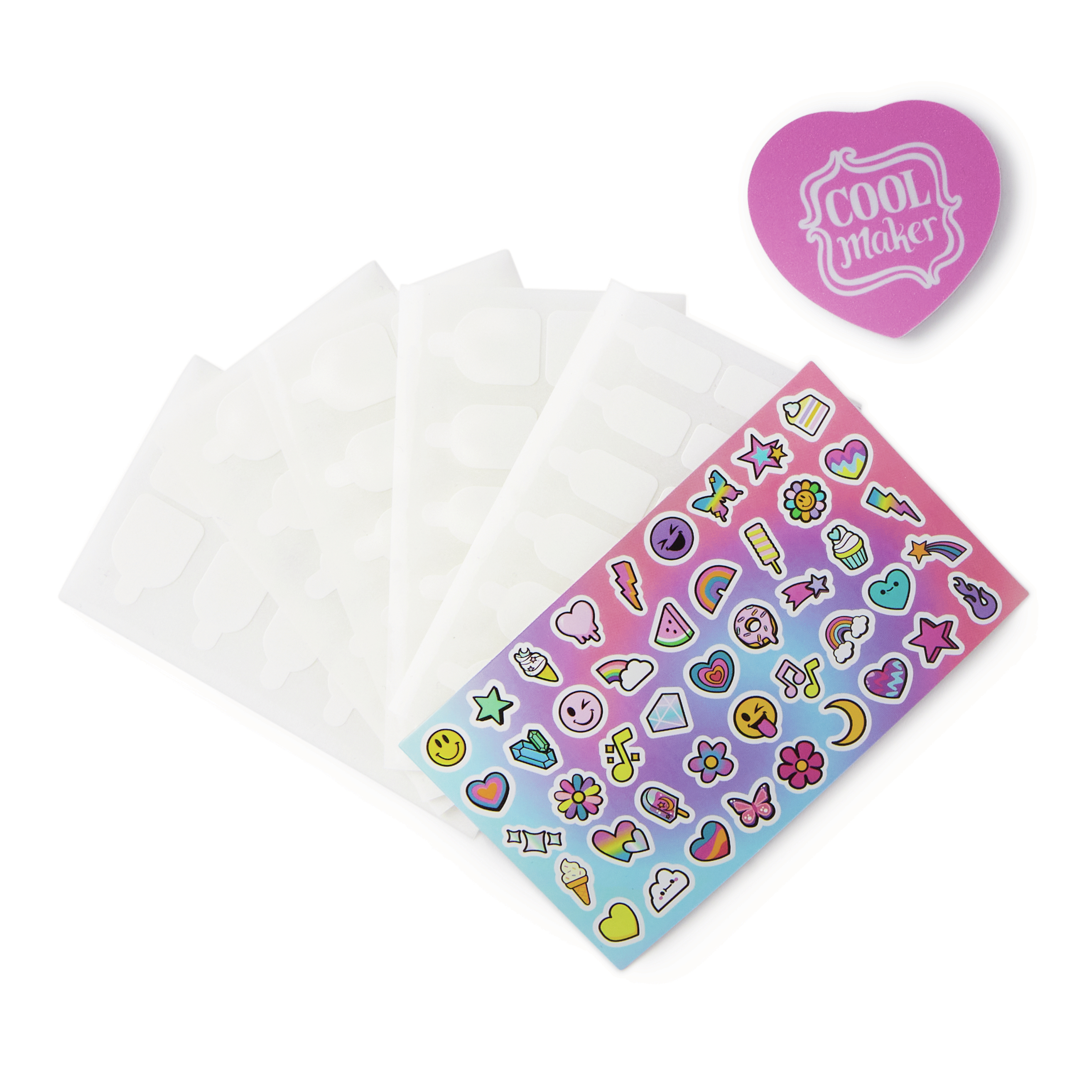 Zestaw naklejek z aplikatorem w kształcie serca i kilkoma przezroczystymi arkuszami.