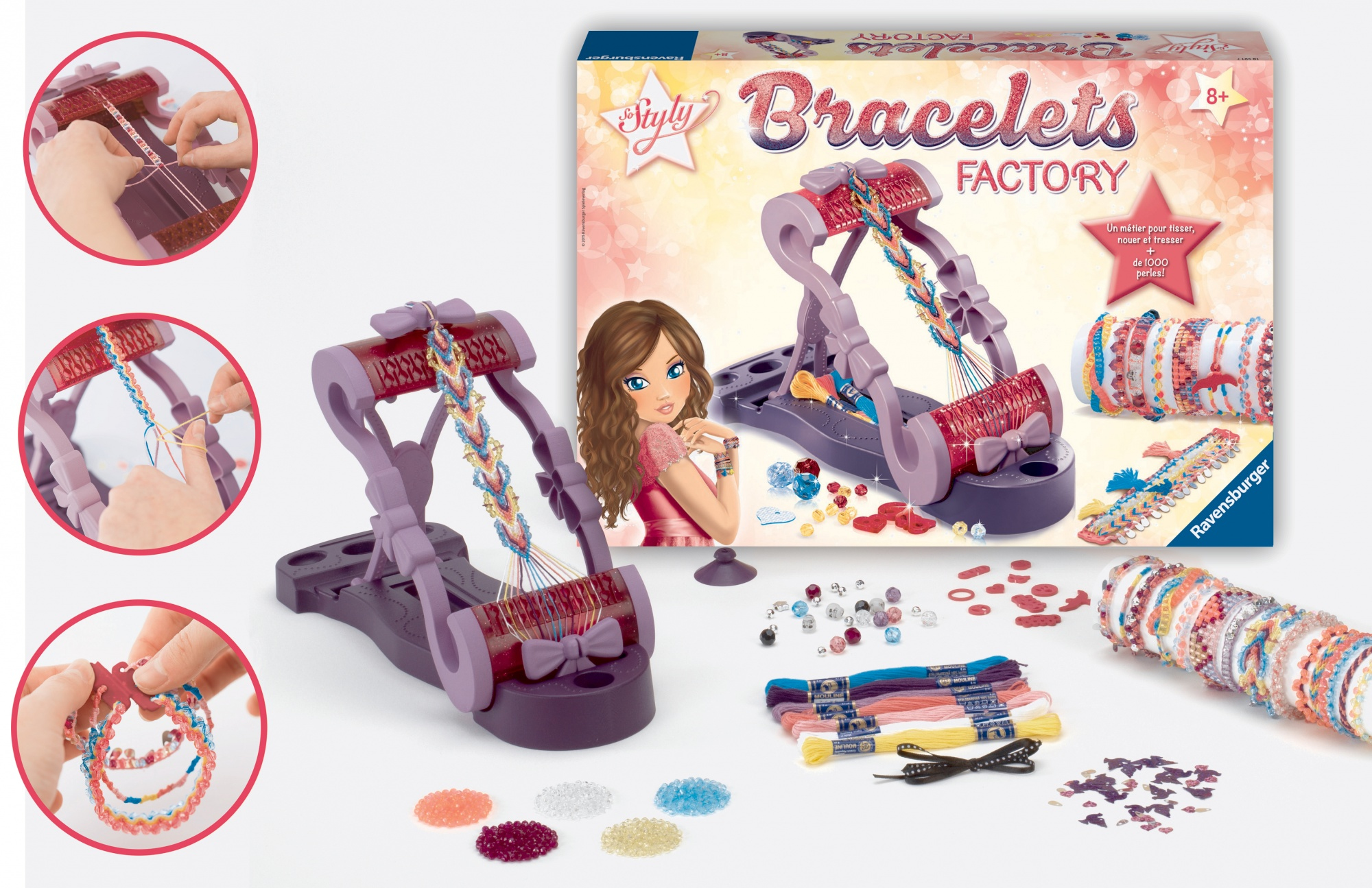 Zestaw do robienia bransoletek z narzędziami do tkania i kolorowymi nićmi. Pudełko pokazuje gotowe bransoletki. Szczegółowe rzemiosło.